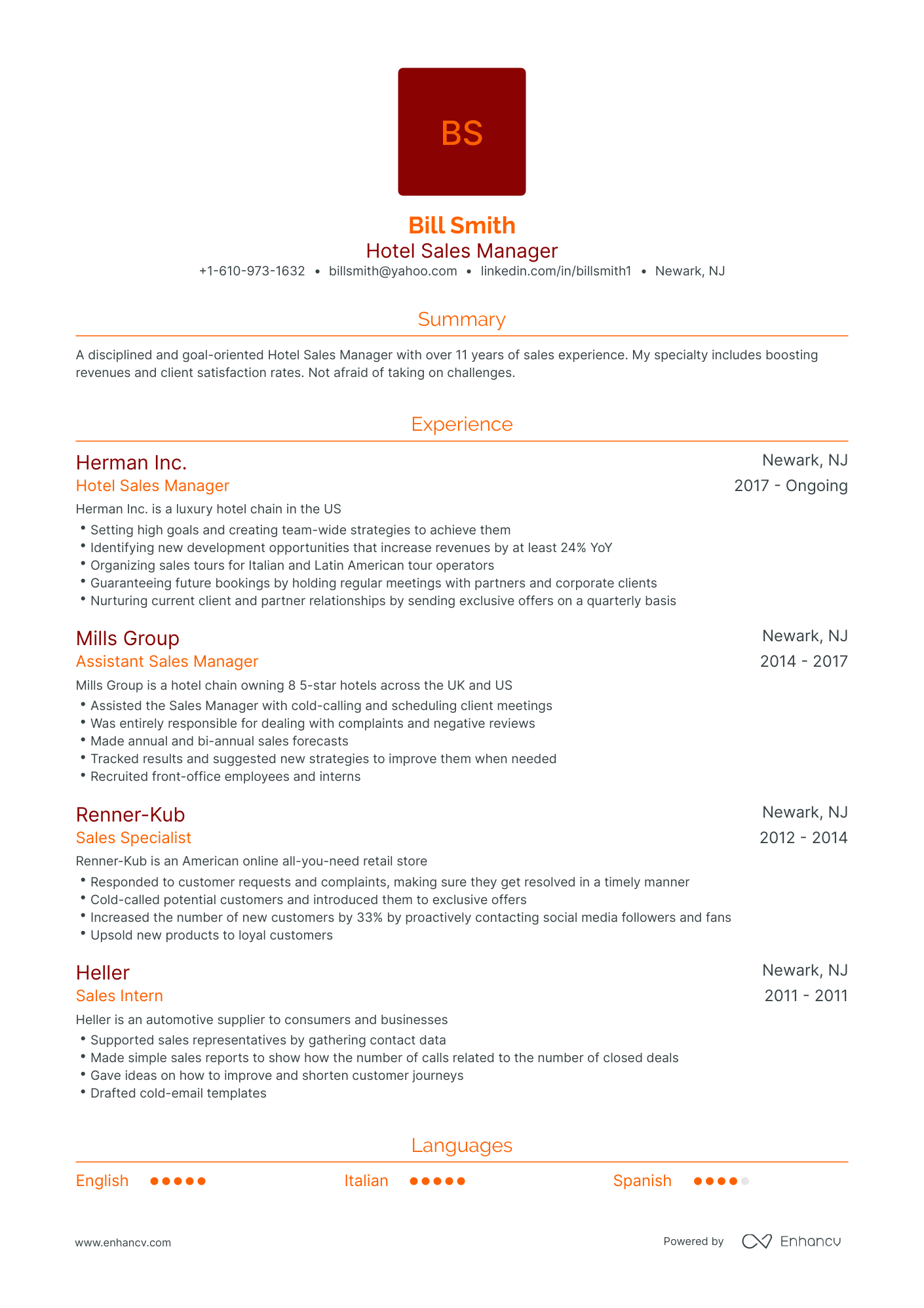 Traditional Hotel Sales Manager Resume Template