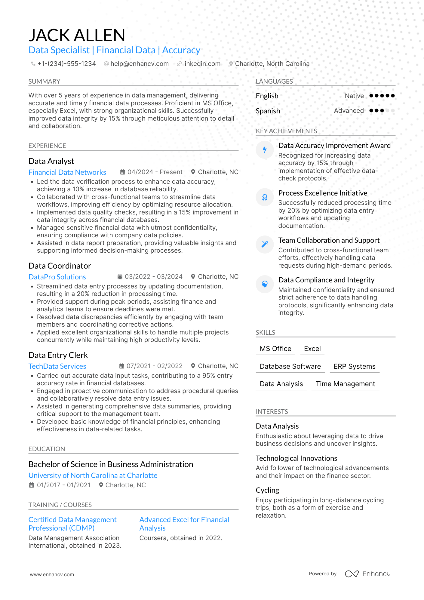 A resume example of a Data Entry Representative