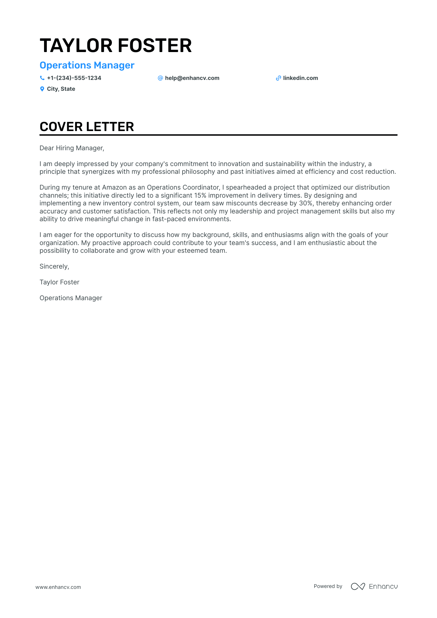 sample cover letter for operations manager position