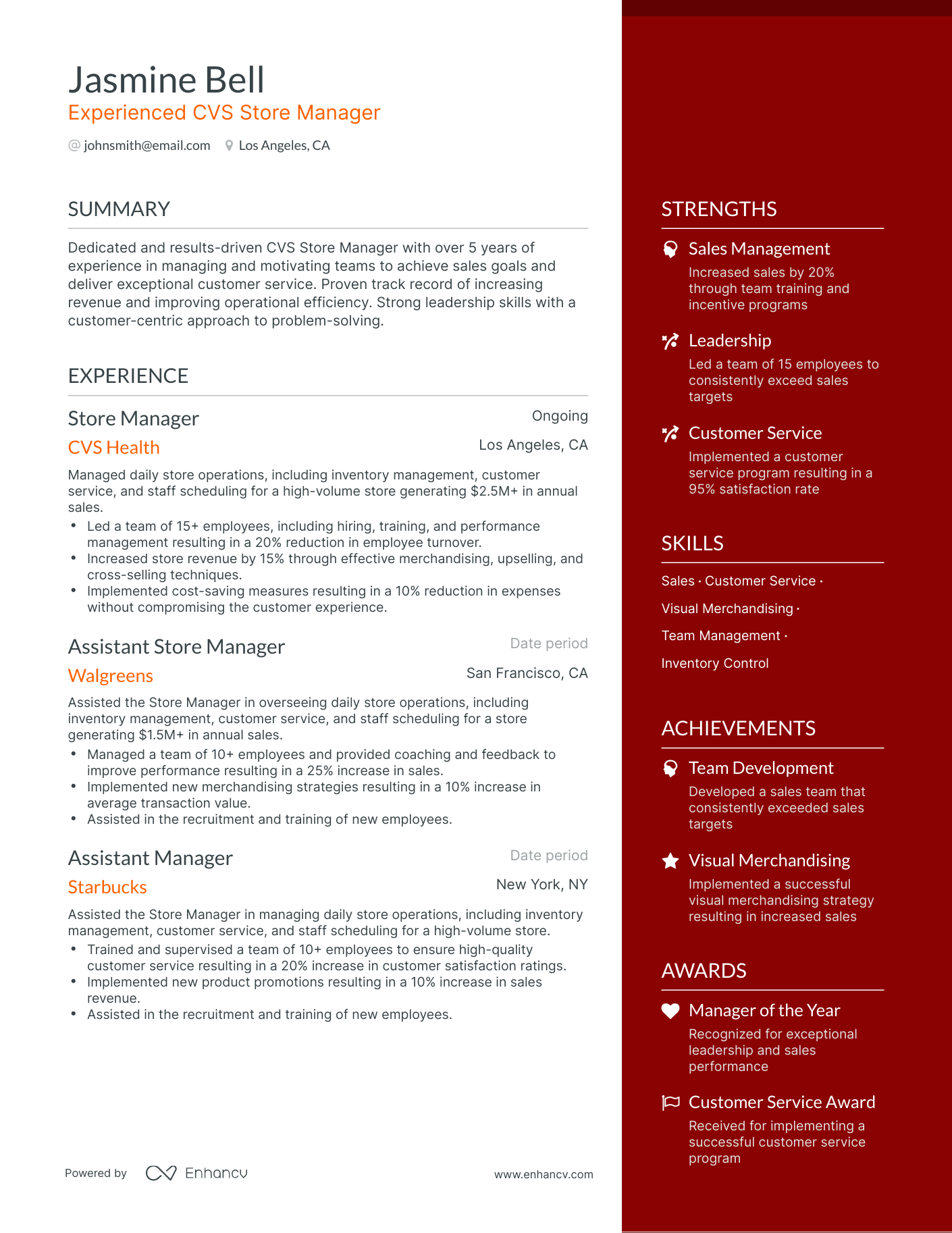 One Page CVS Store Manager Resume Template