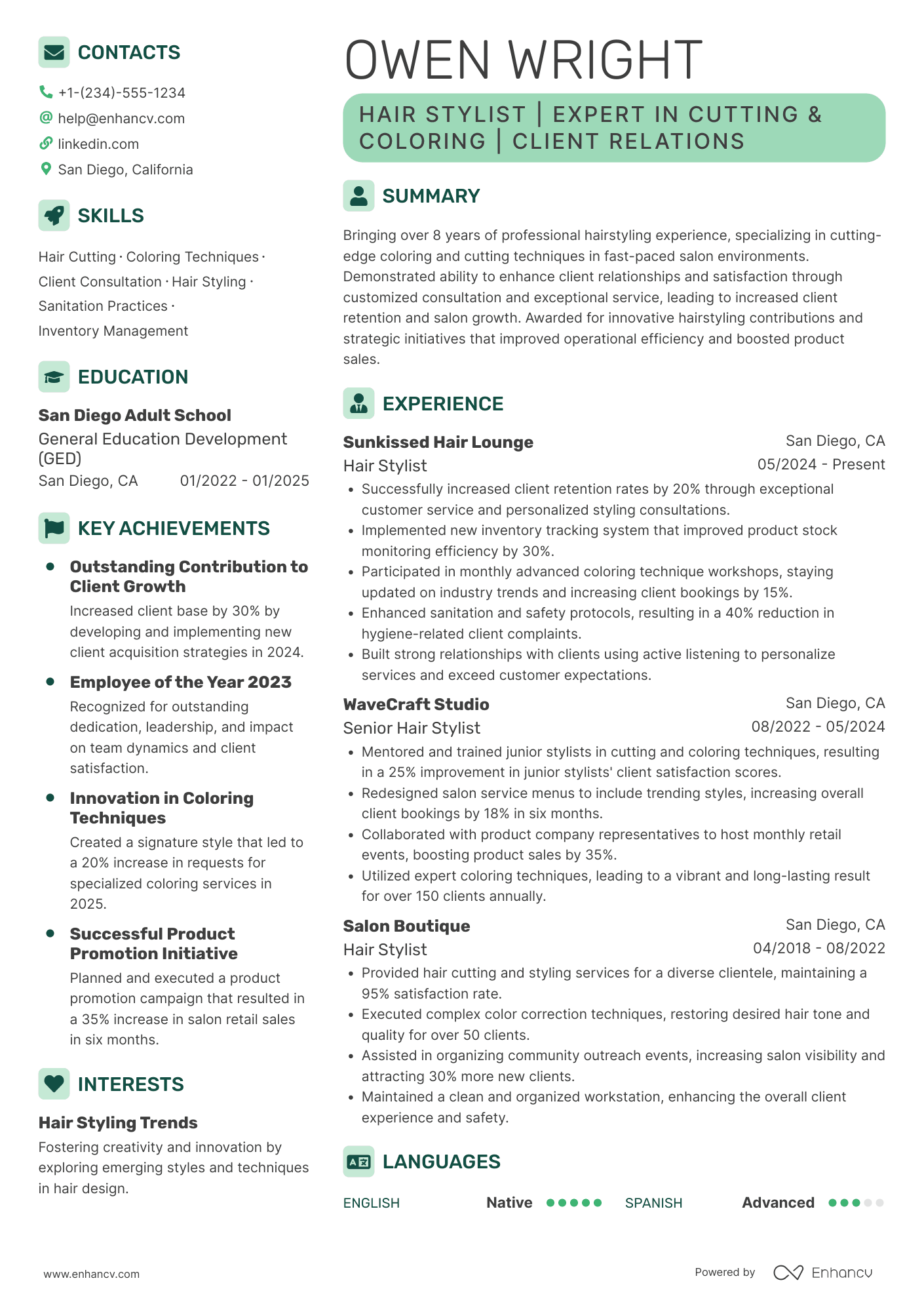 A resume example of a Hair Stylist