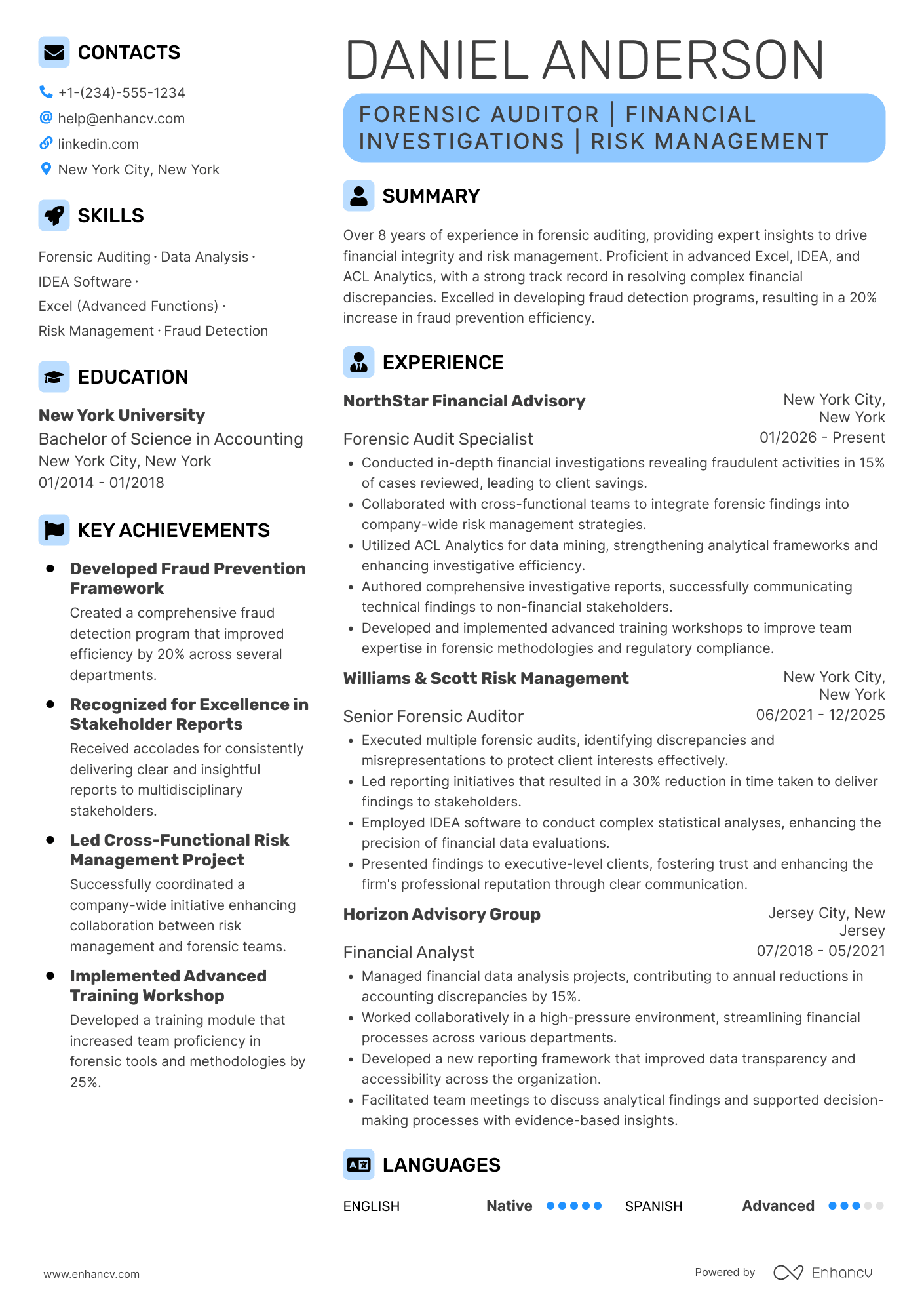 A resume example of a Forensic Auditor
