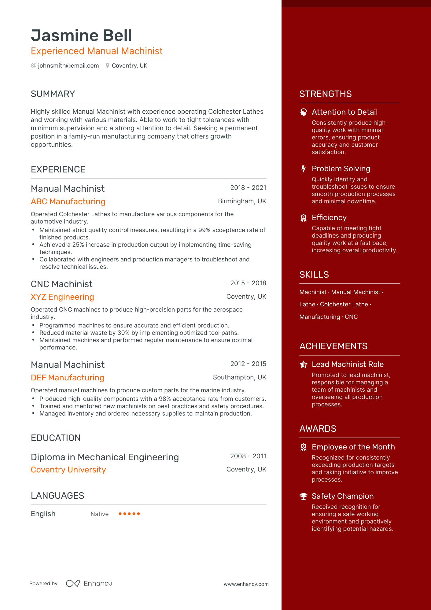One Page Machinist Resume Template