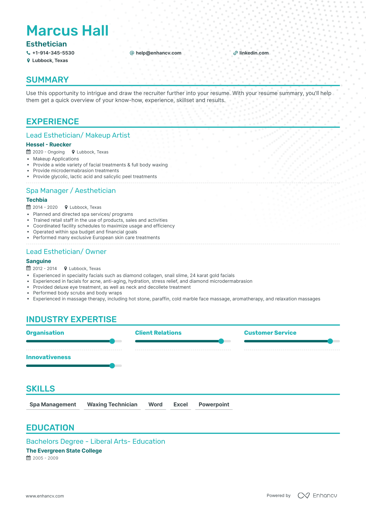 JobWinning Esthetician Resume Examples, Samples & Tips Enhancv