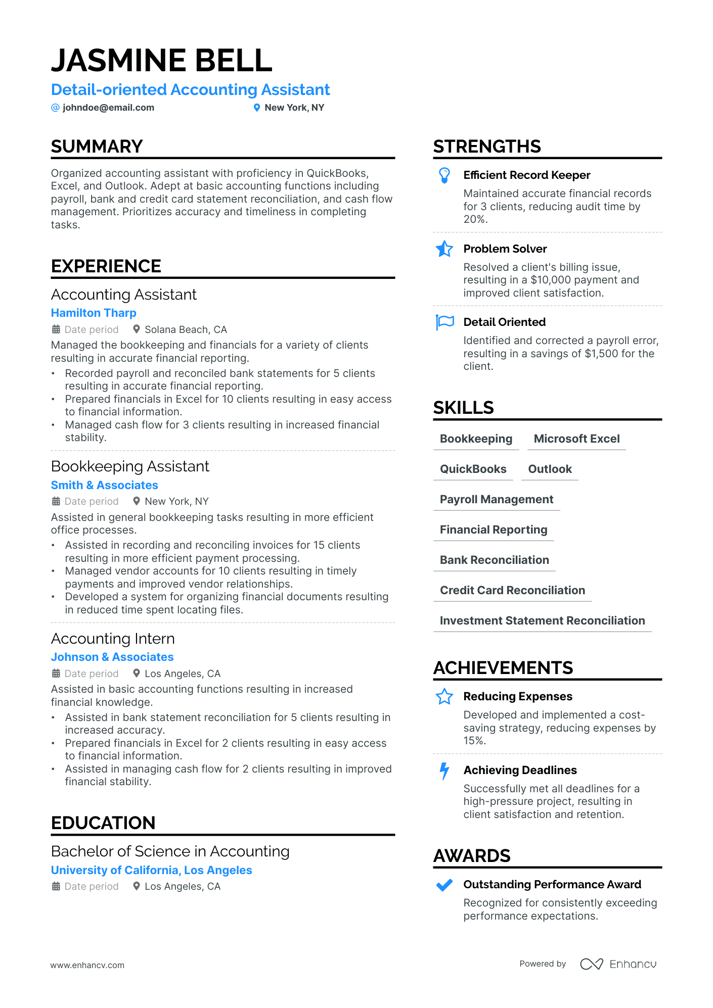 A resume example of a Accounting Assistant