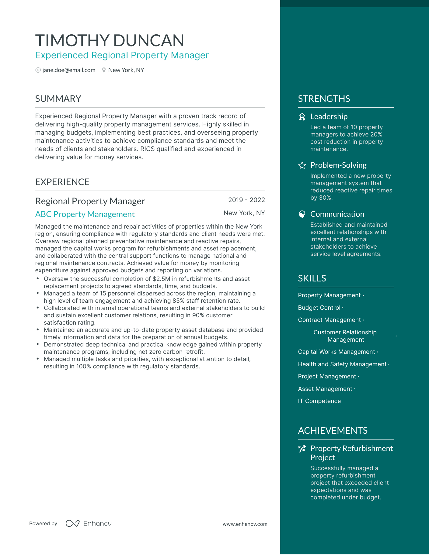 One Page Regional Property Manager Resume Template