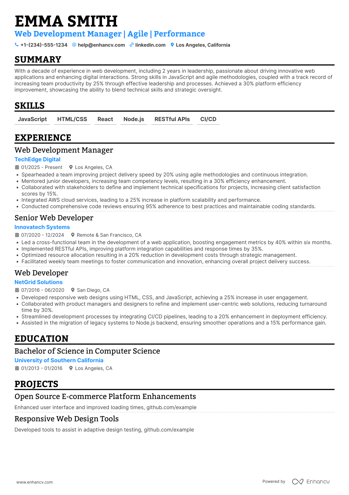 A resume example of a Web Developer Manager