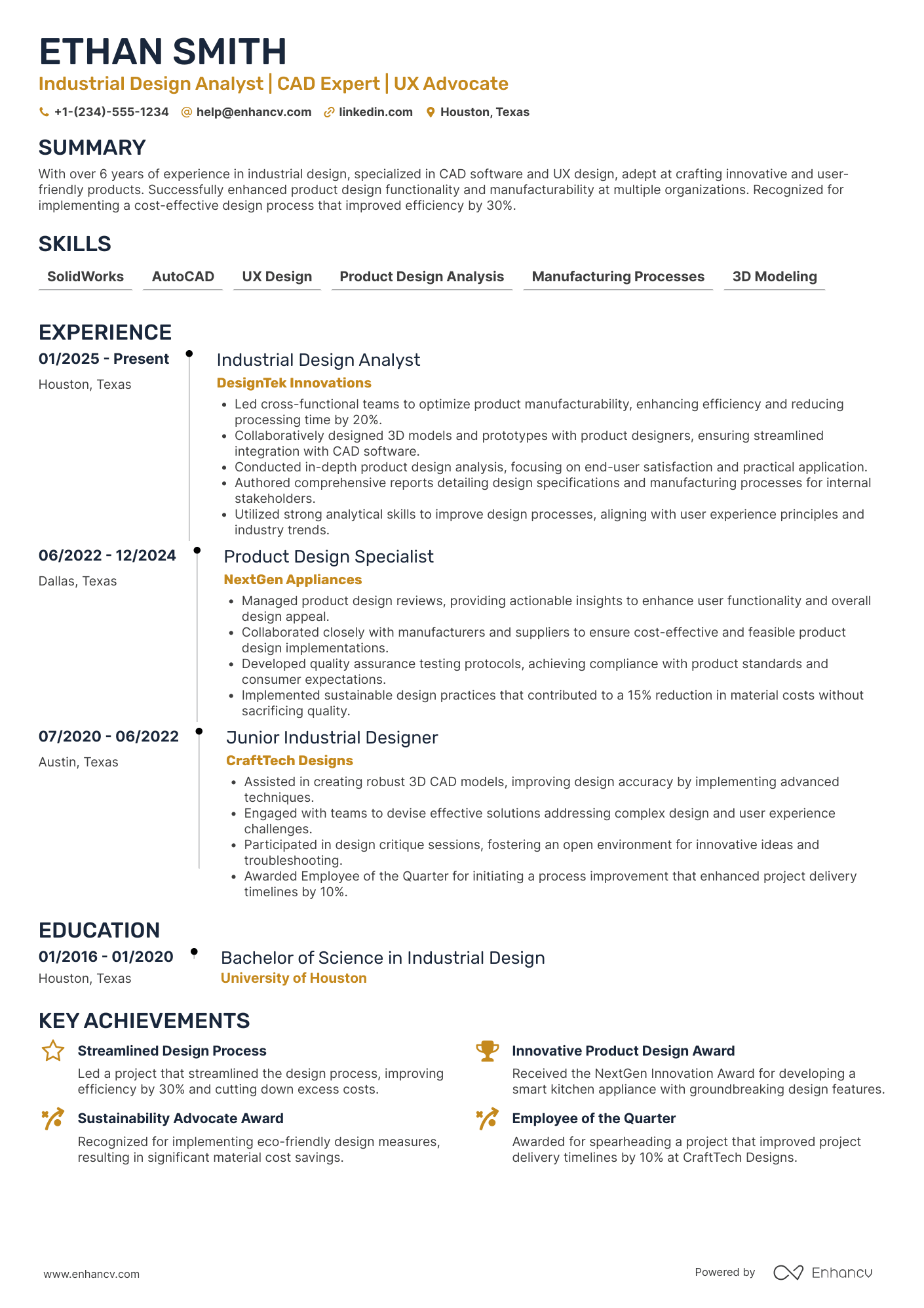 A resume example of a Industrial Design Analyst