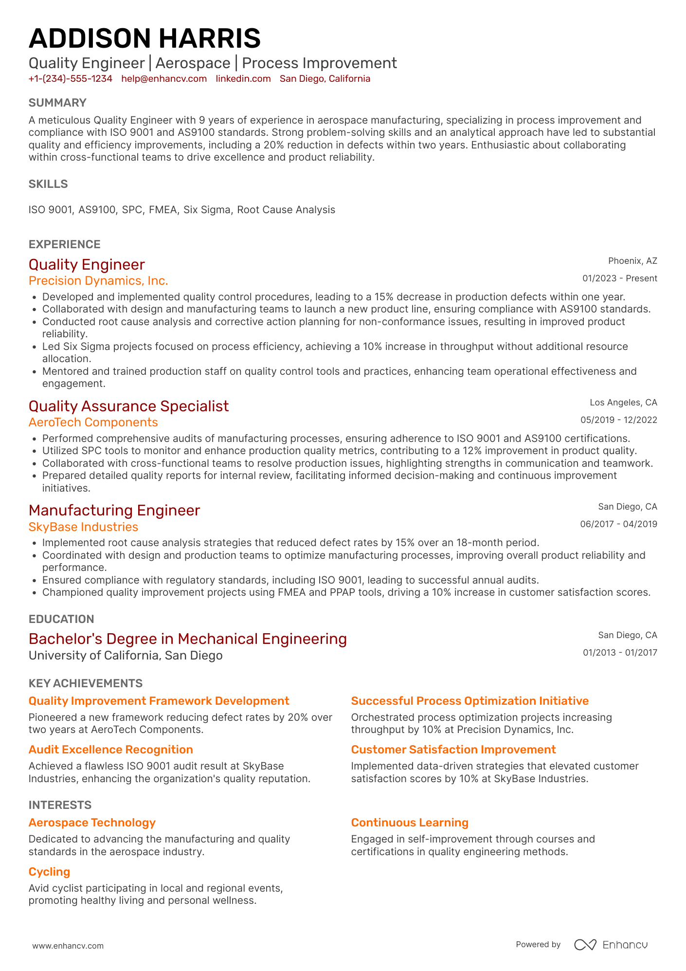 A resume example of a Manufacturing Quality Engineer