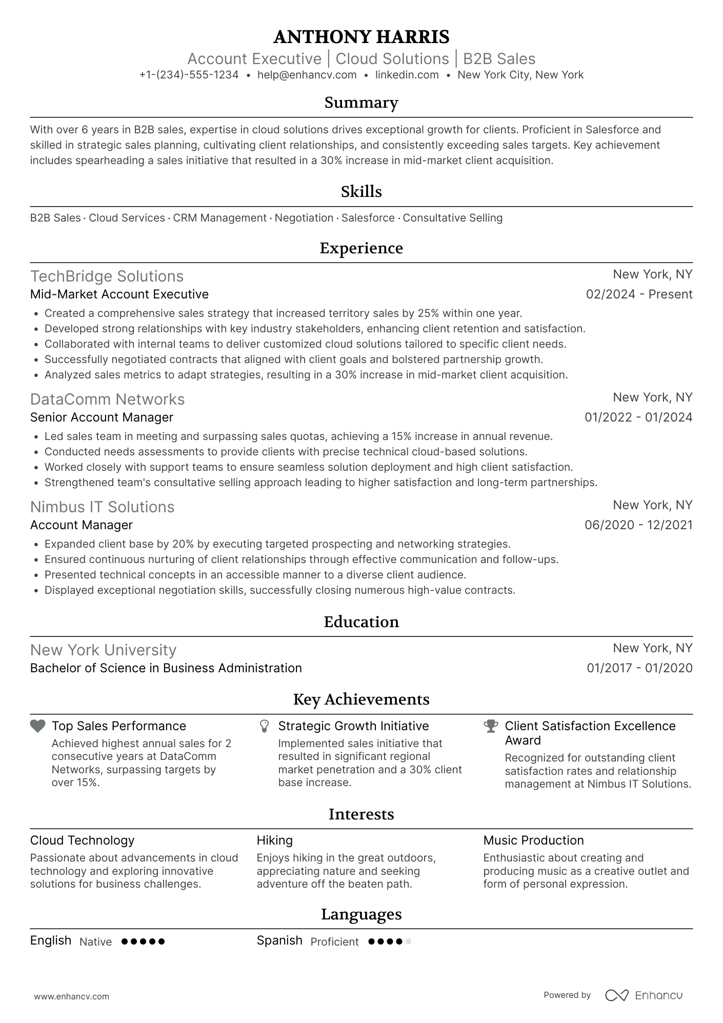 A resume example of a Mid Market Account Executive