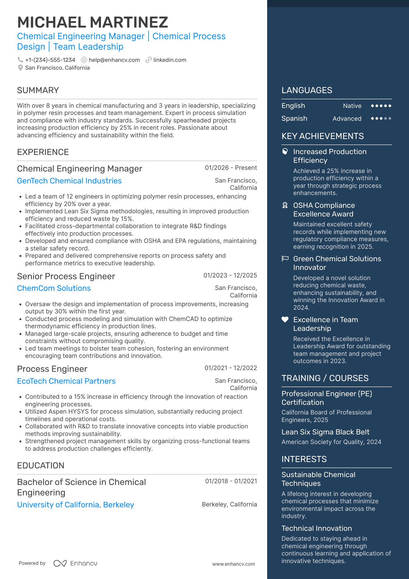 A resume example of a Chemical Engineering Manager