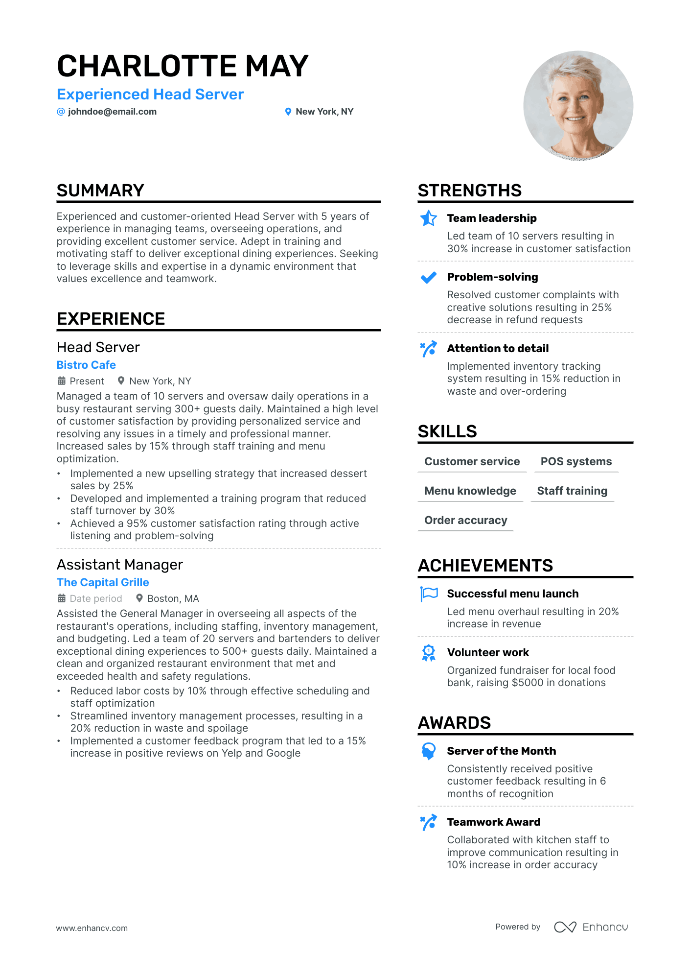 A resume example of a Head Server