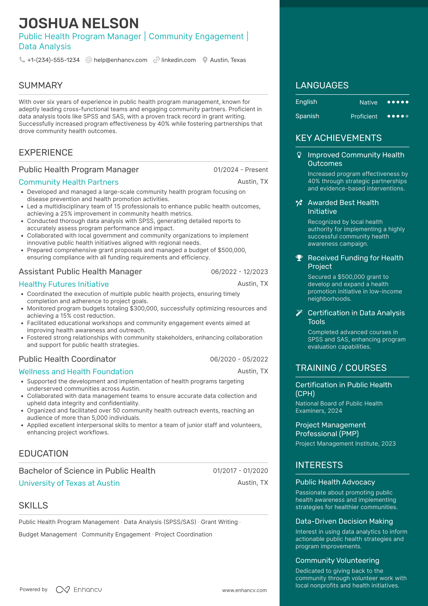 A resume example of a Public Health Program Manager