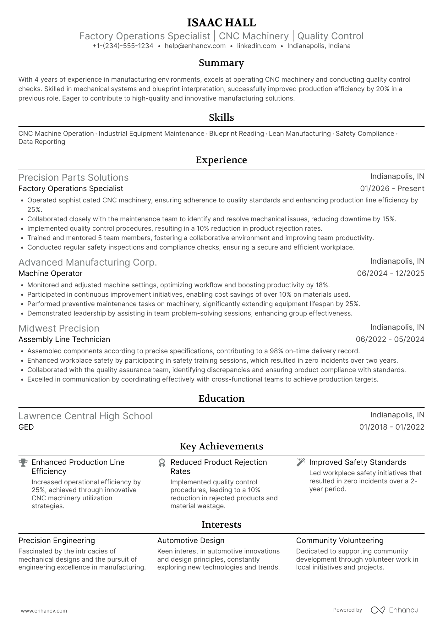 A resume example of a Factory Operations Worker
