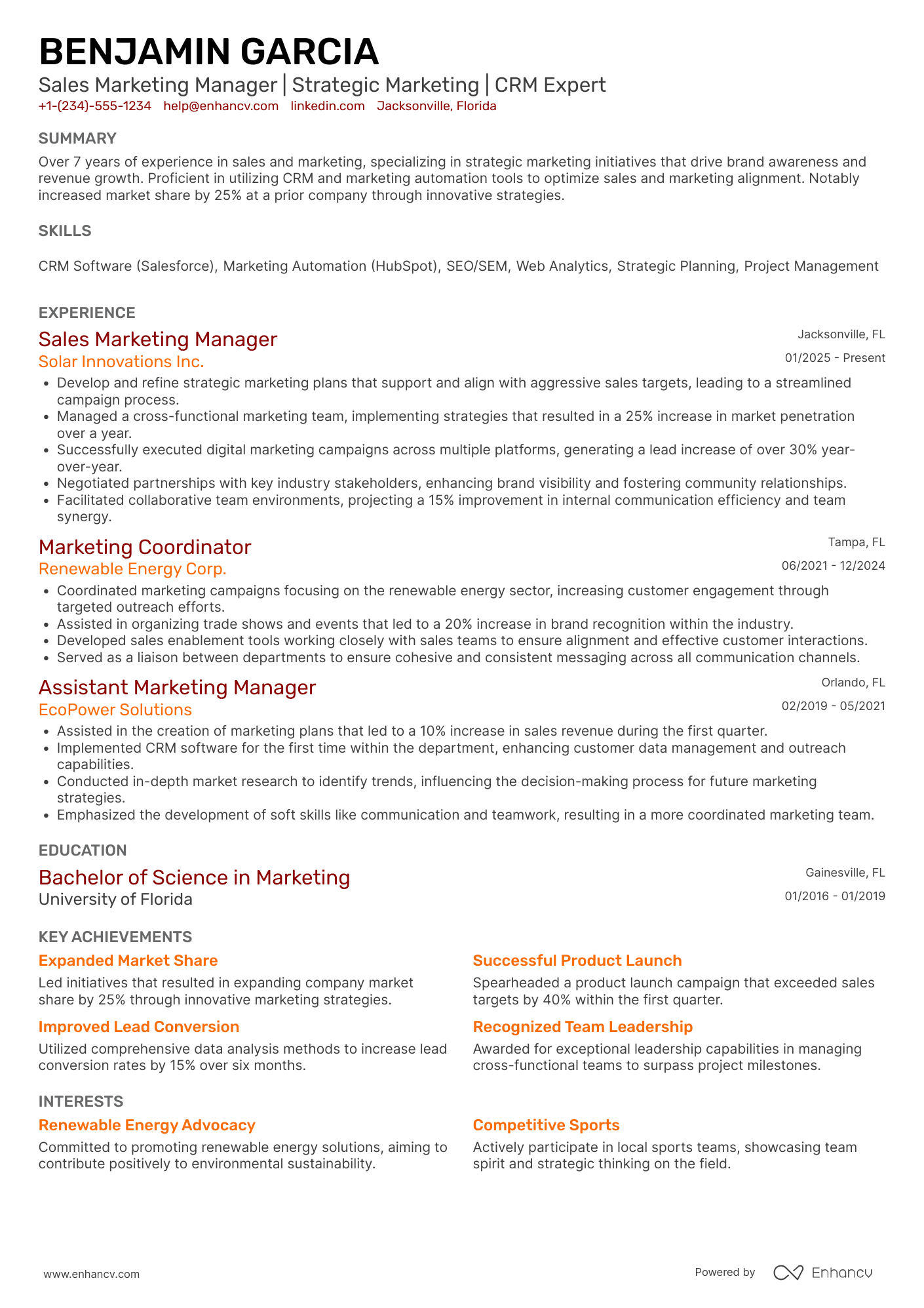 A resume example of a Sales Marketing Manager