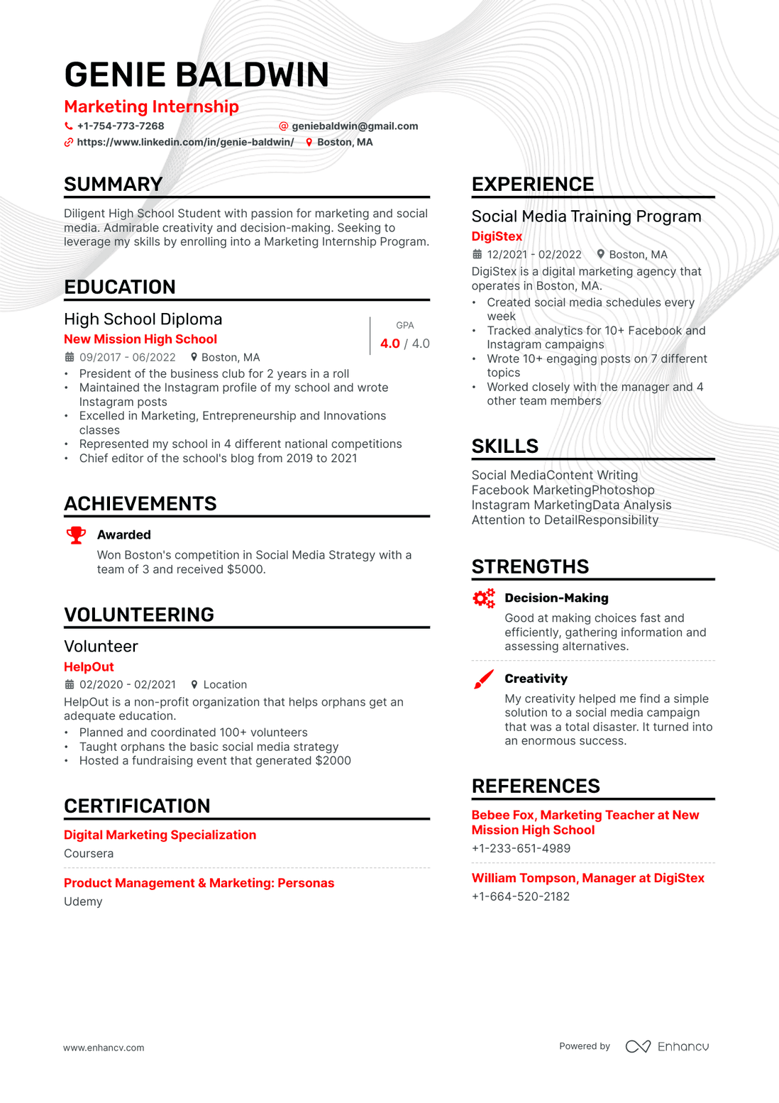 resume for internship for college students in india