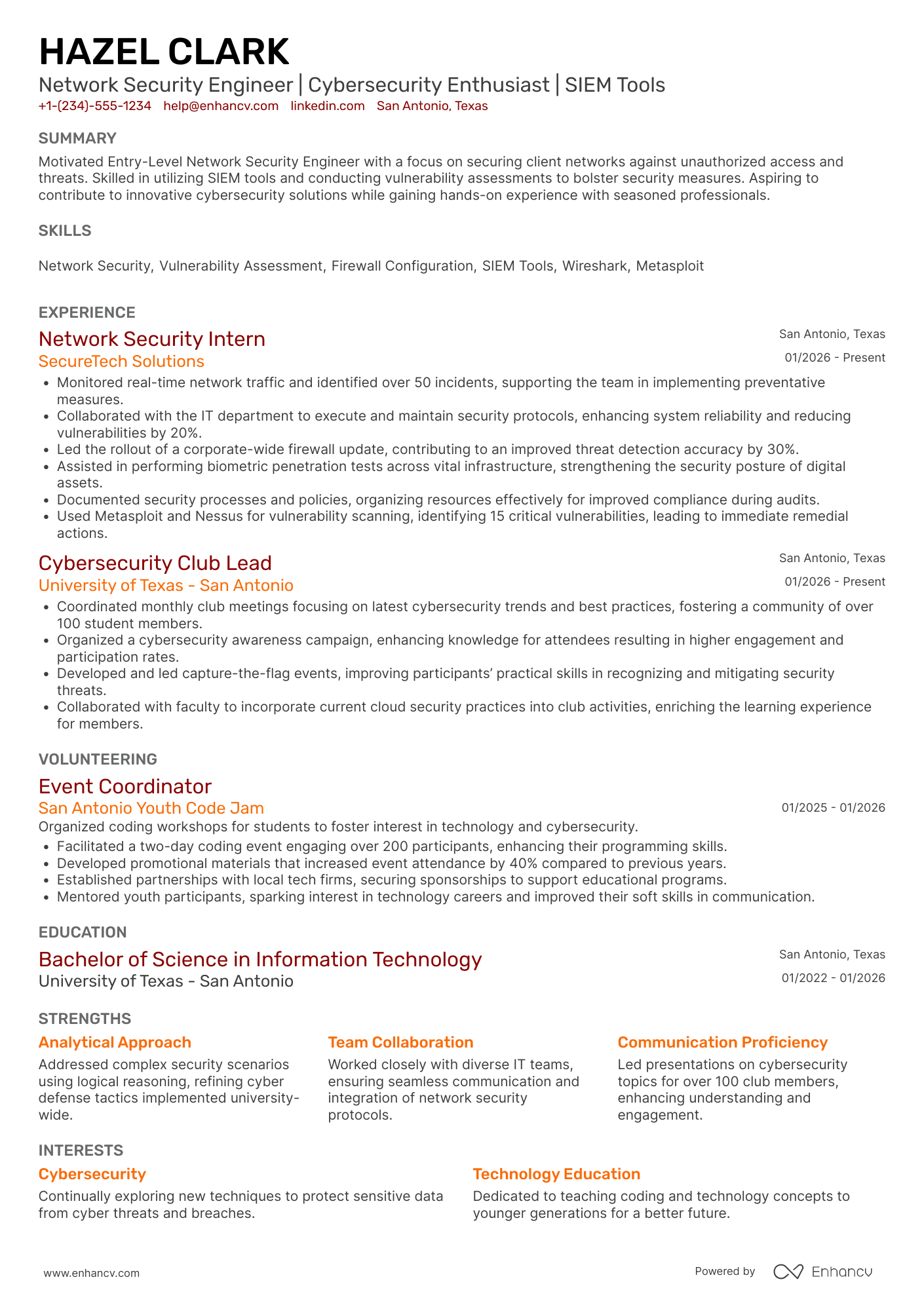 A resume example of a Entry Level Network Security Engineer