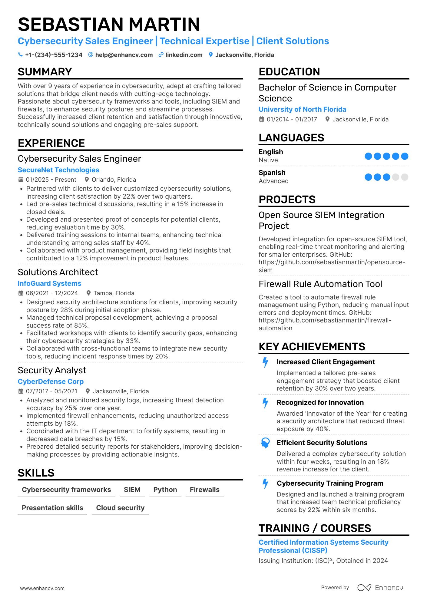 A resume example of a Cybersecurity Sales Engineer