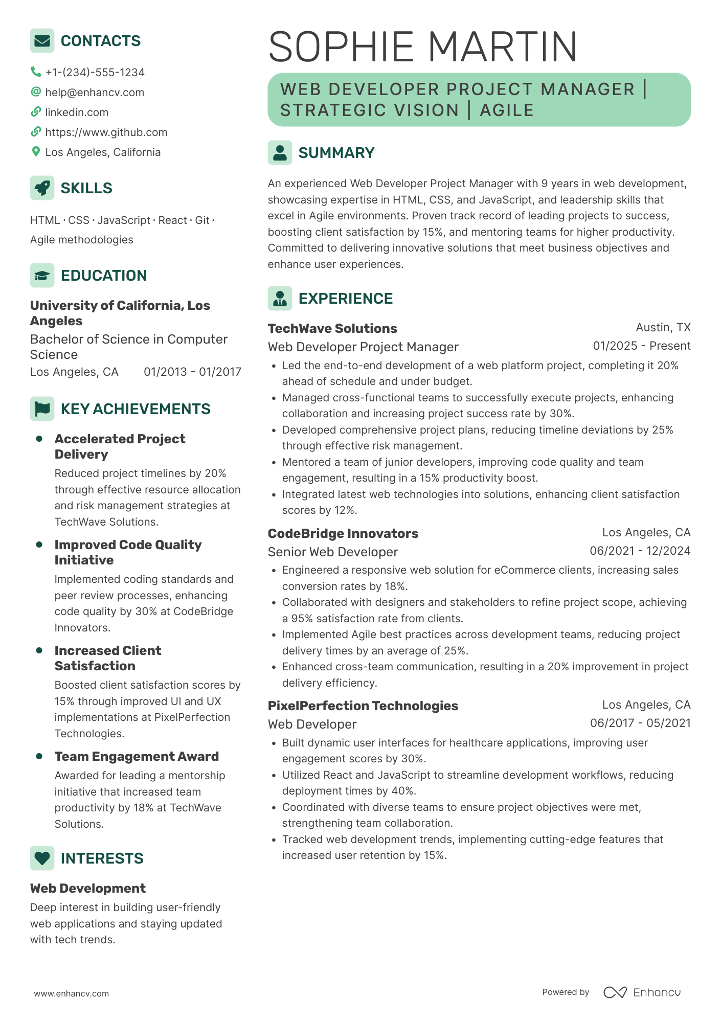 A resume example of a Web Developer Project Manager