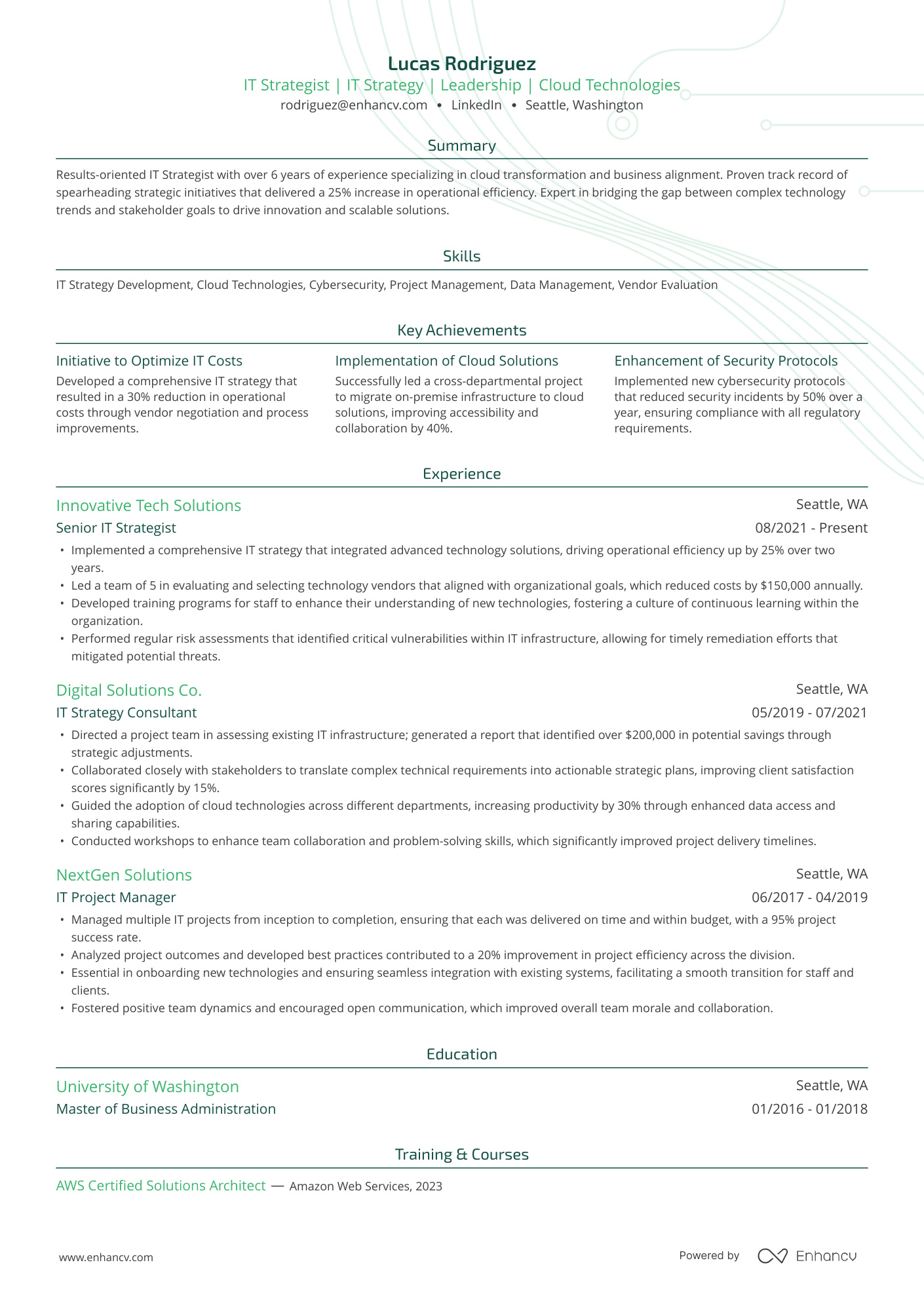 A resume example of a IT Strategist