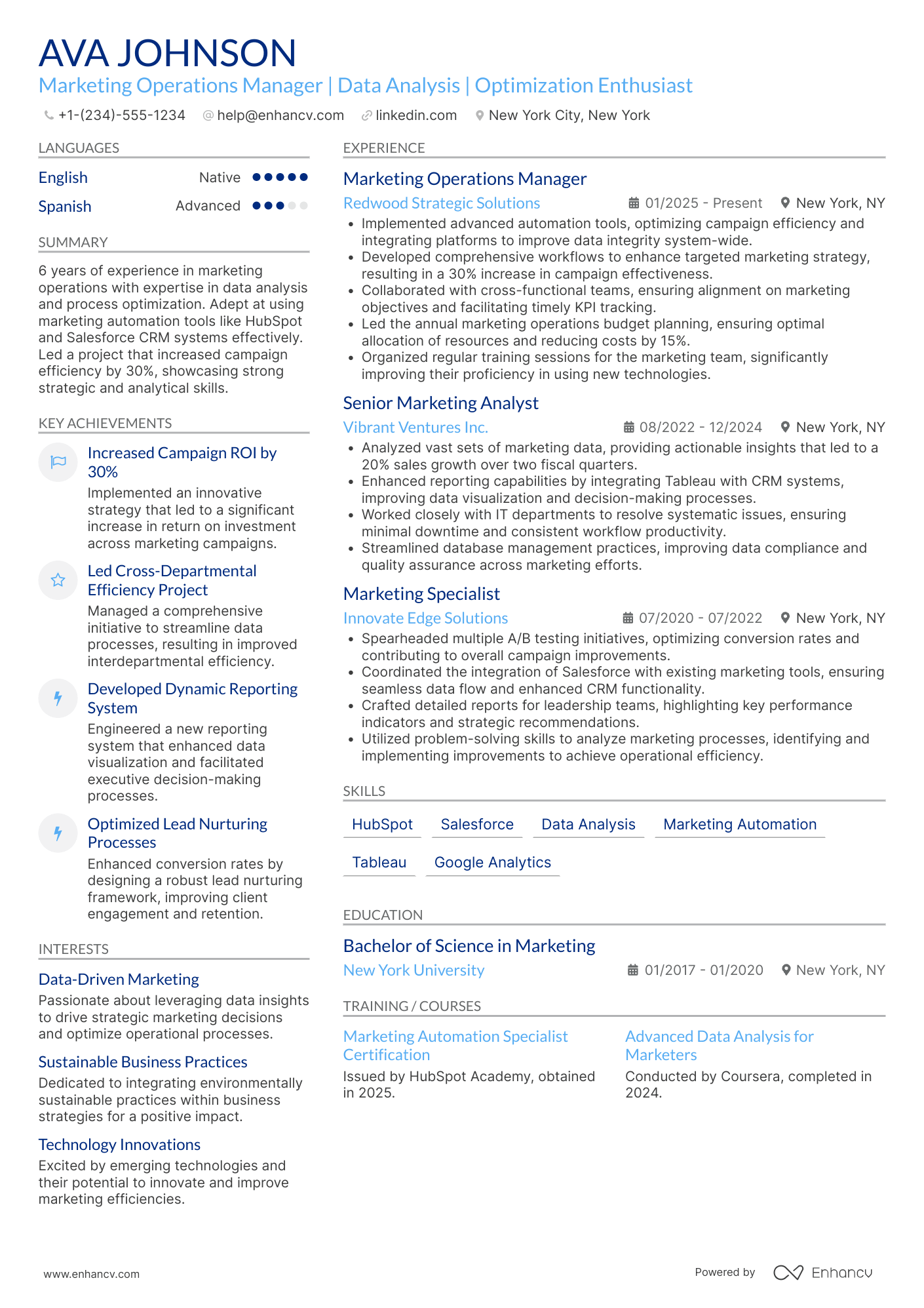 A resume example of a Marketing Operations Manager