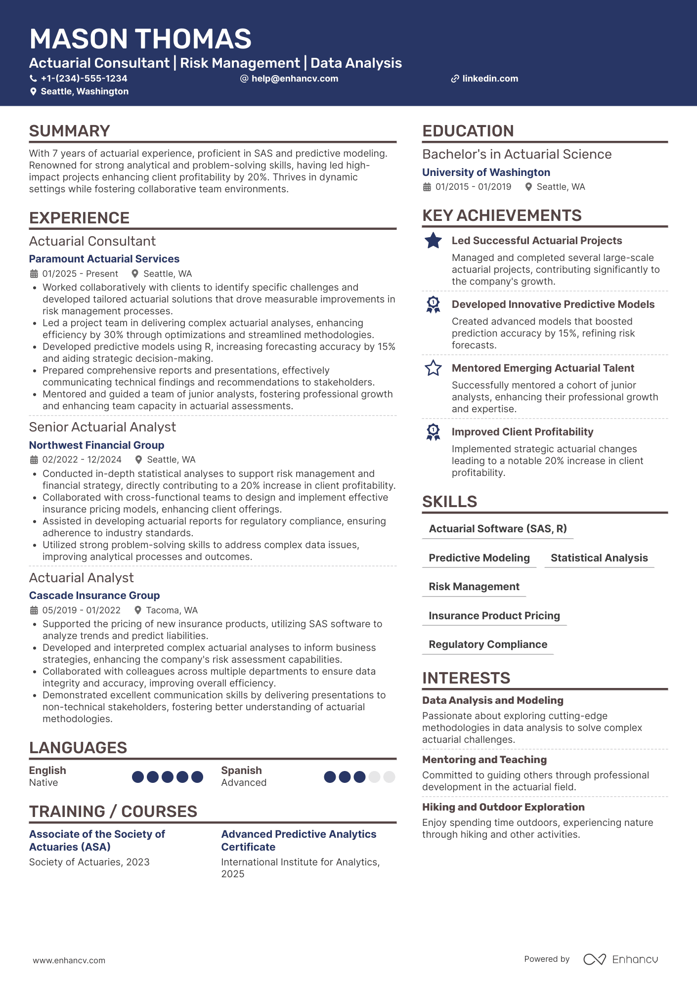 A resume example of a Actuarial Consultant