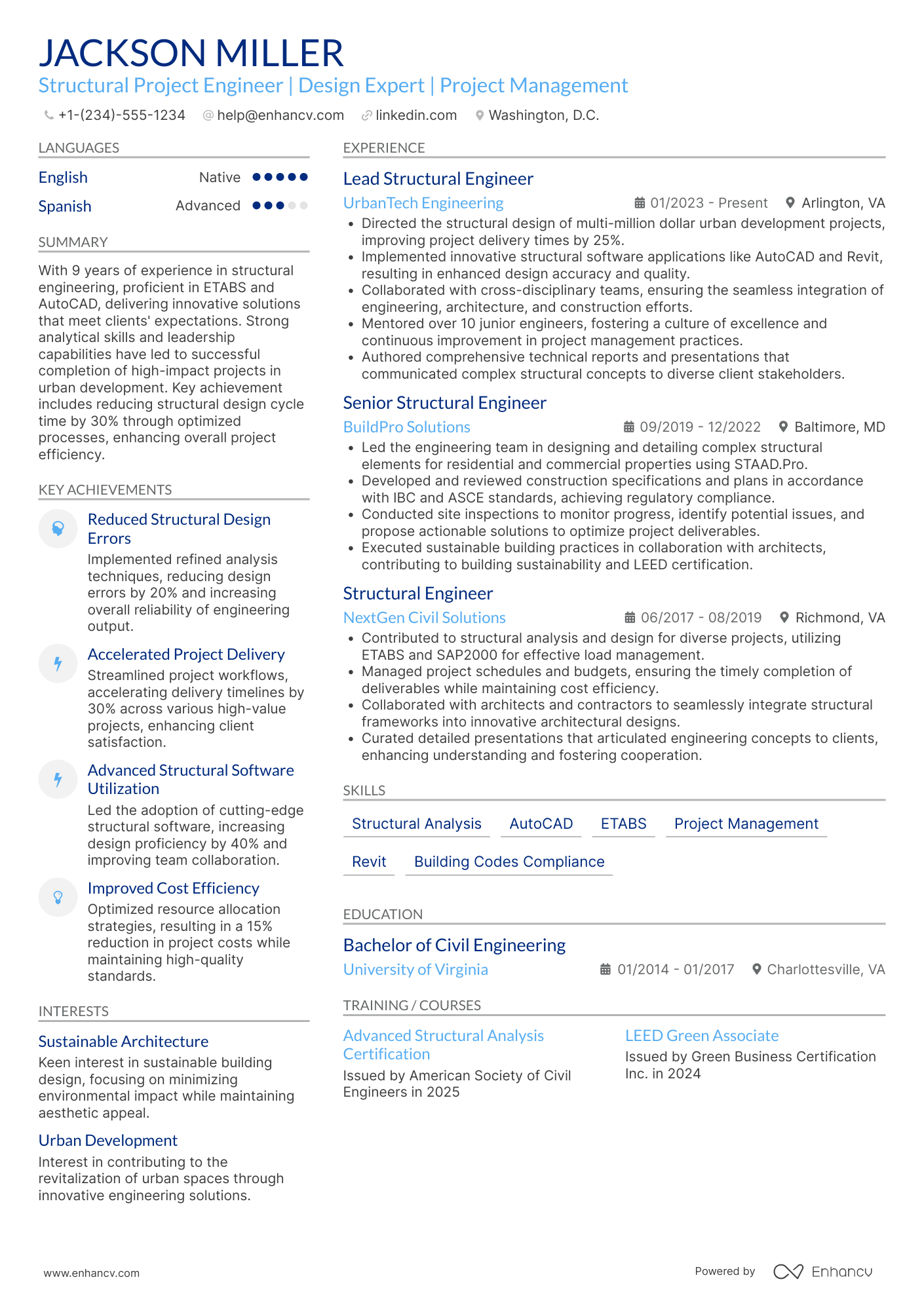 A resume example of a Structural Project Engineer