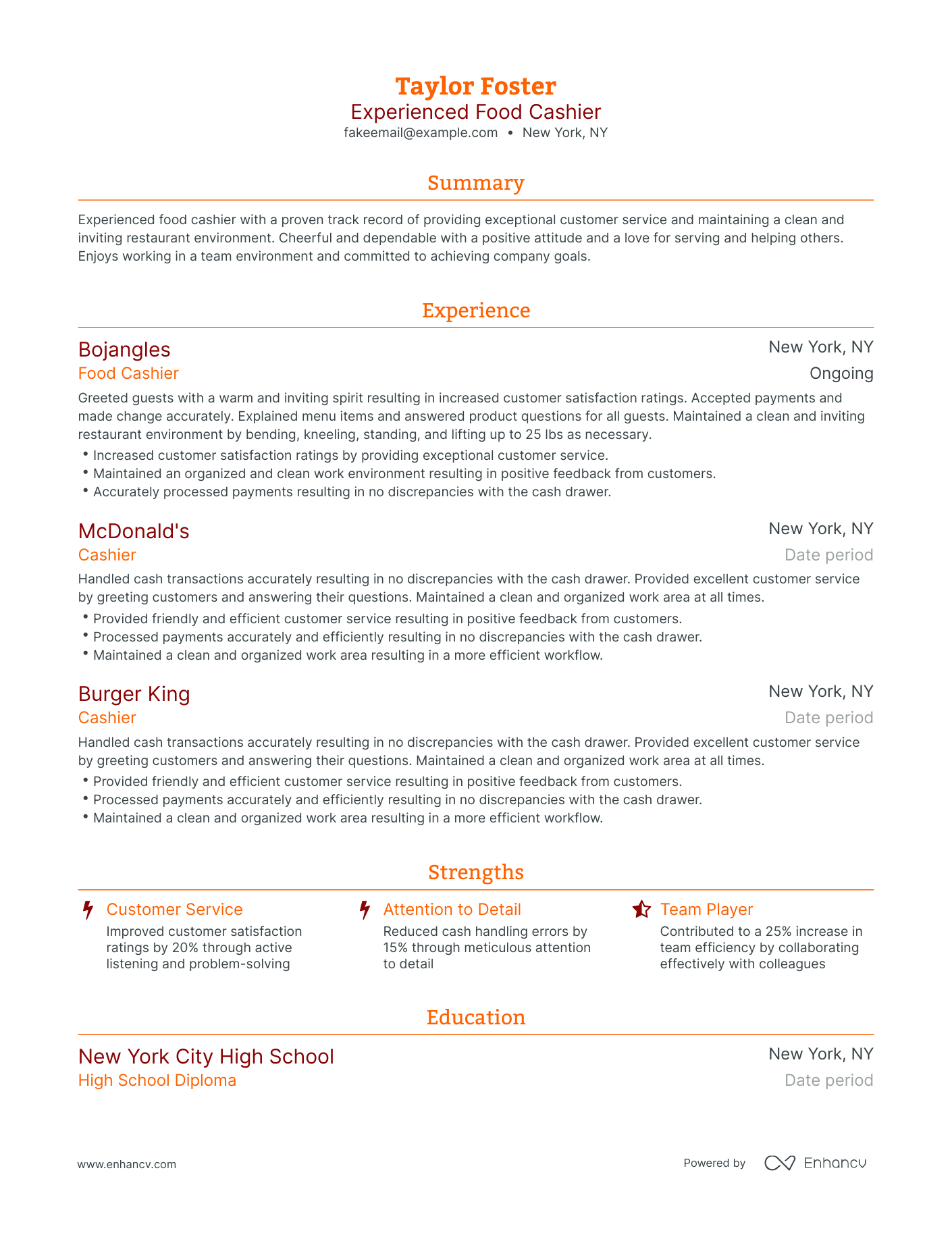 Traditional Food Cashier Resume Template