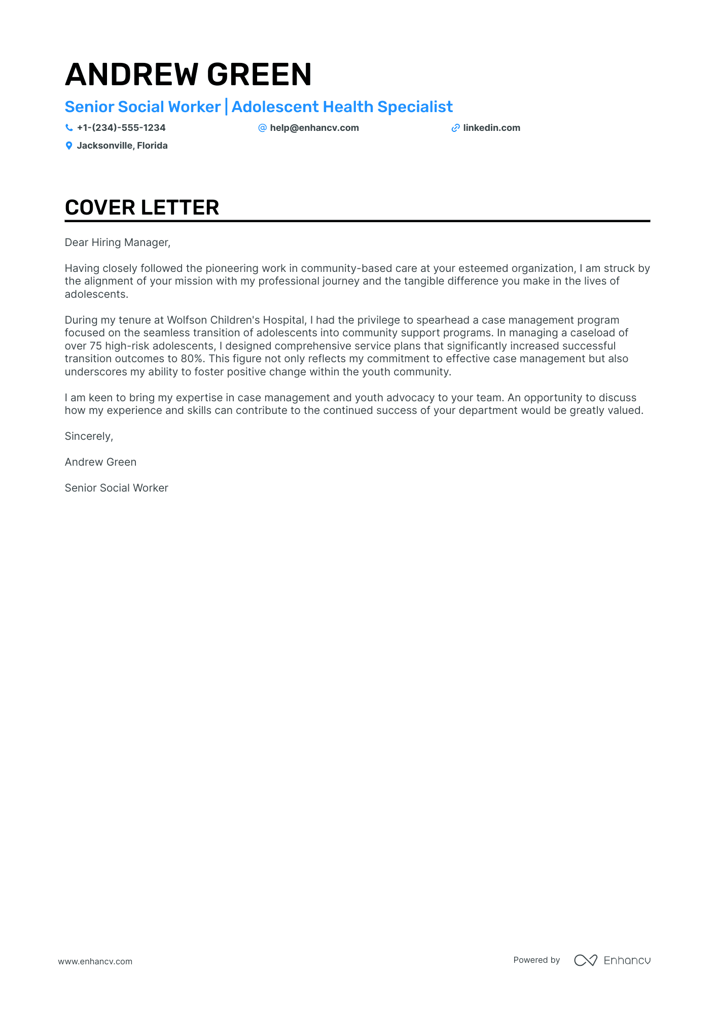 cover letter for social work position