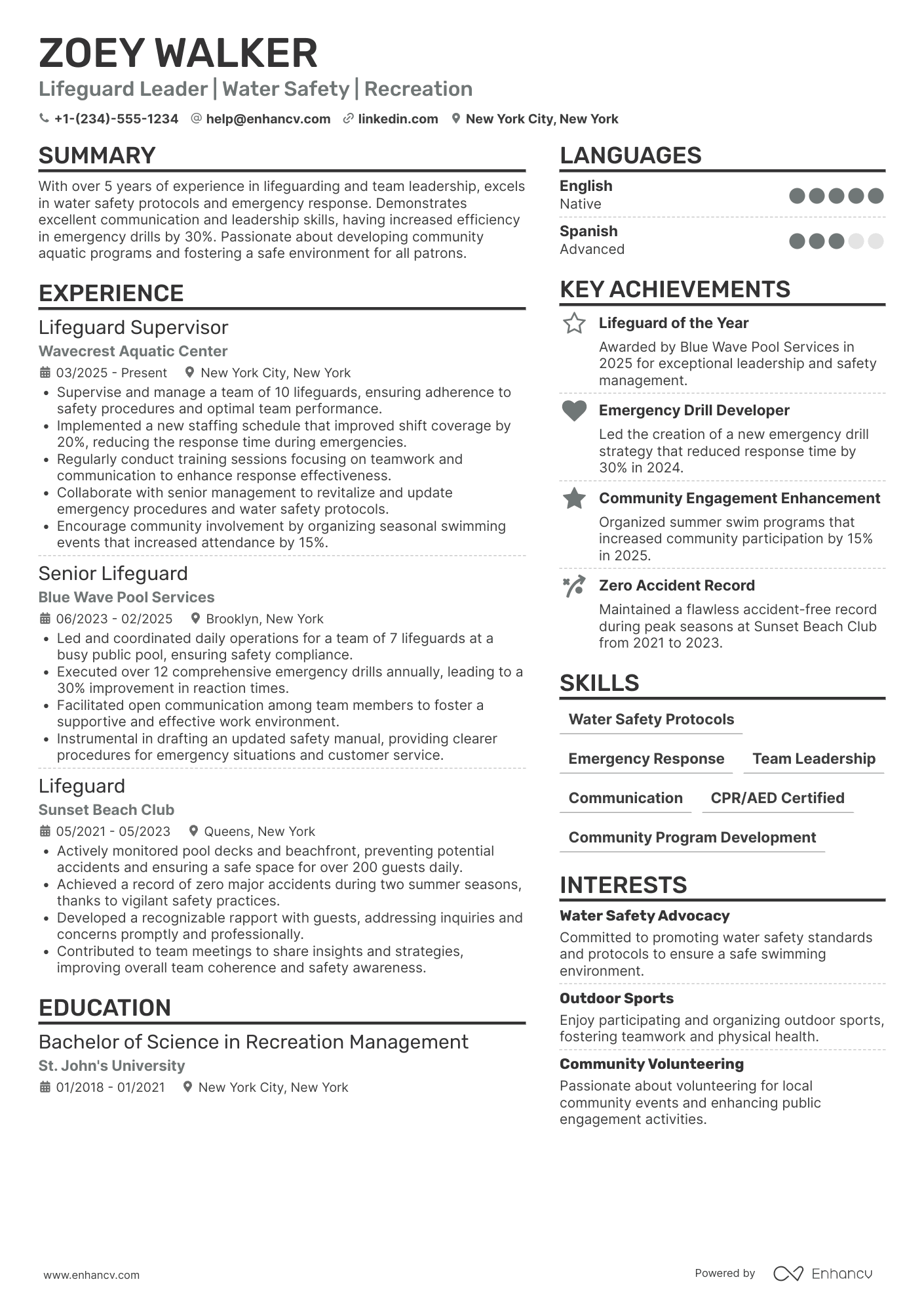 A resume example of a Lead Lifeguard