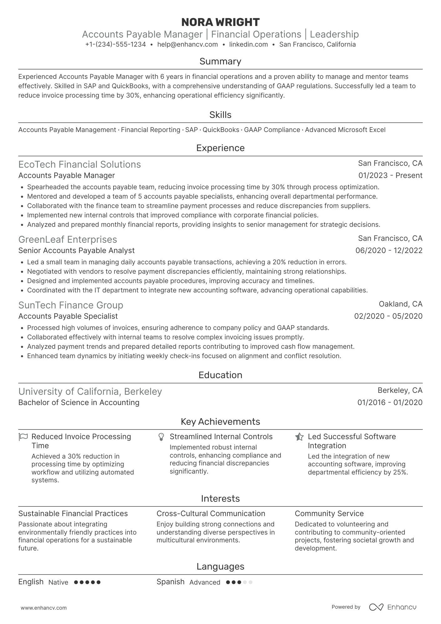 A resume example of a Accounts Payable Manager