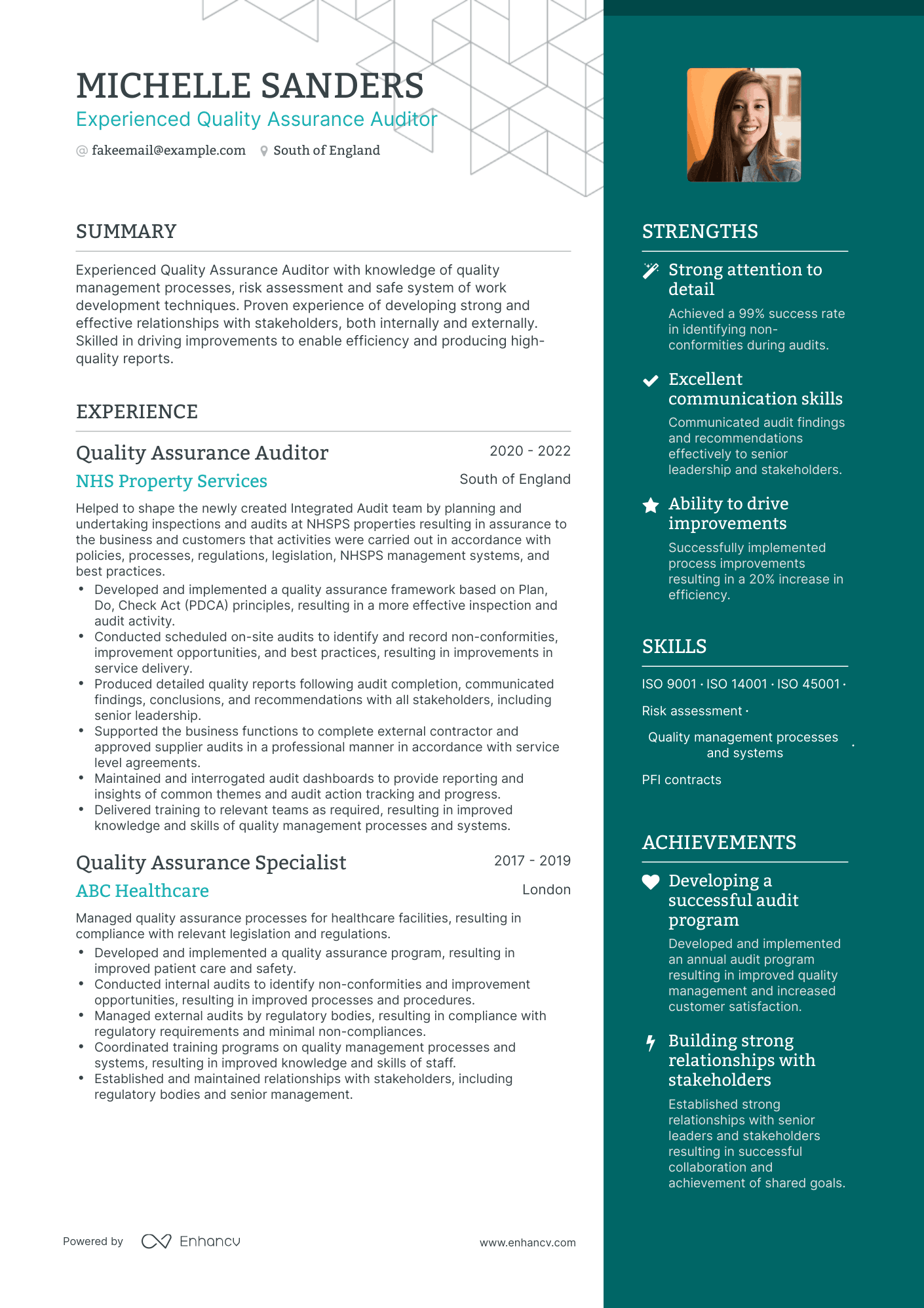 One Page Quality Assurance Auditor Resume Template