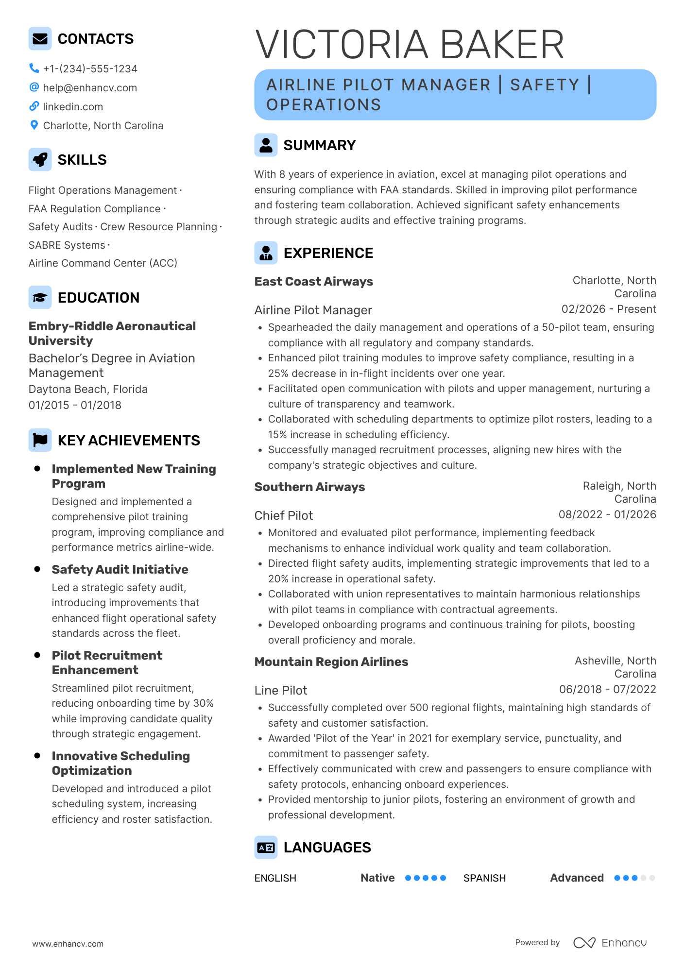 A resume example of a Airline Pilot Manager