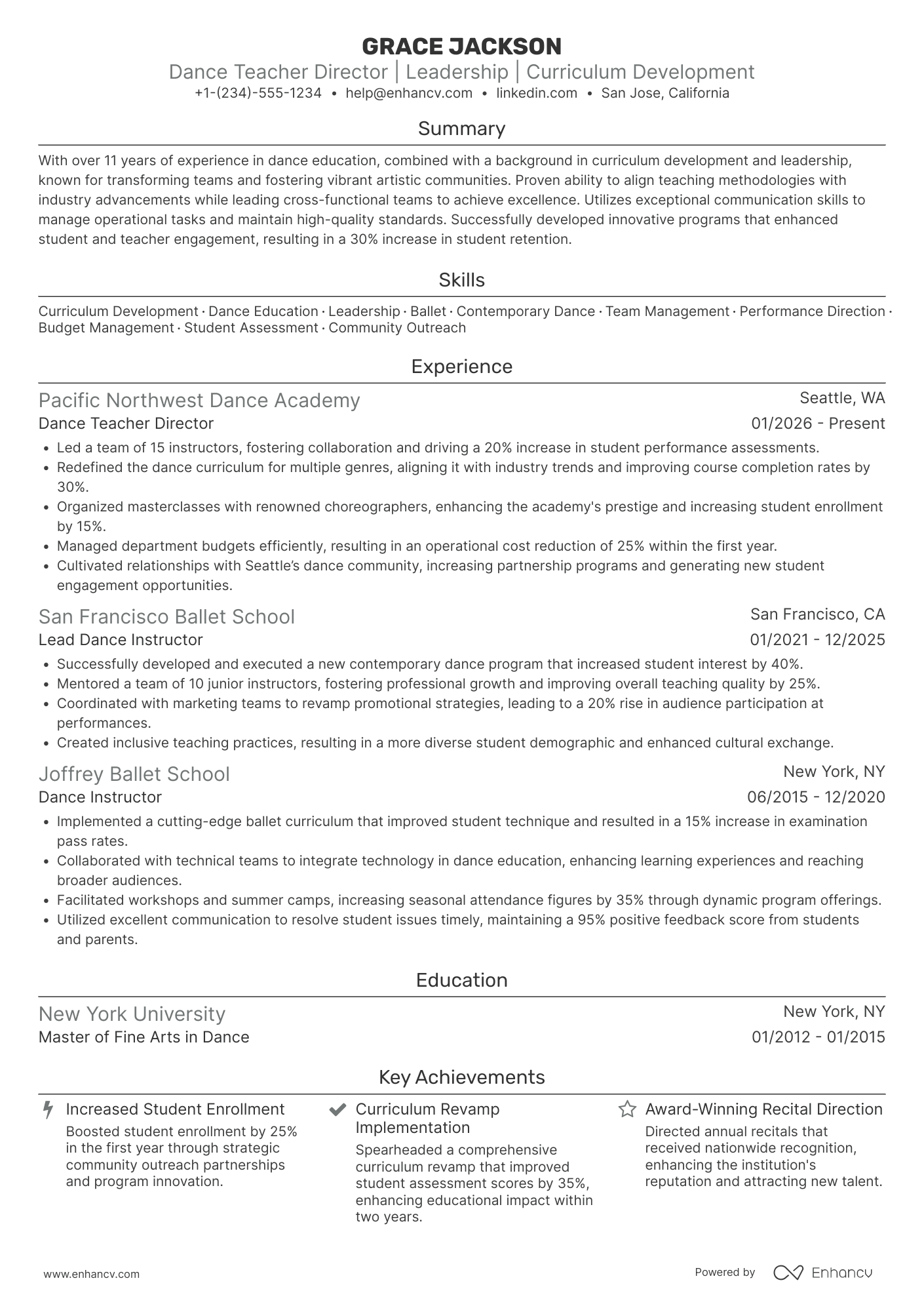 A resume example of a Dance Teacher Director