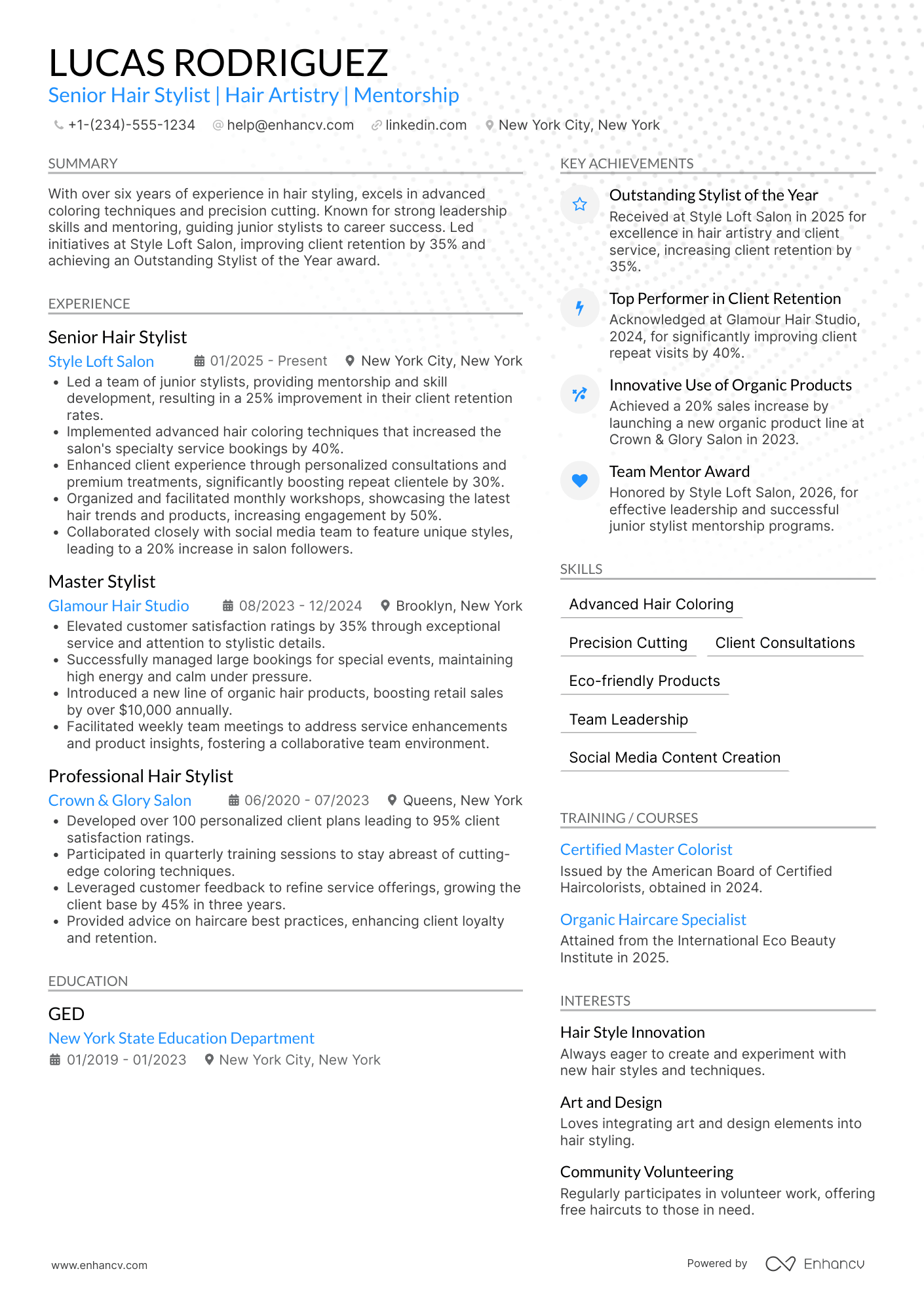 A resume example of a Senior Hair Stylist