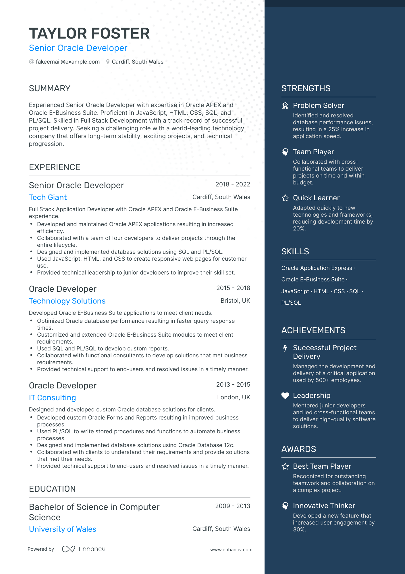 One Page Senior Oracle Developer Resume Template