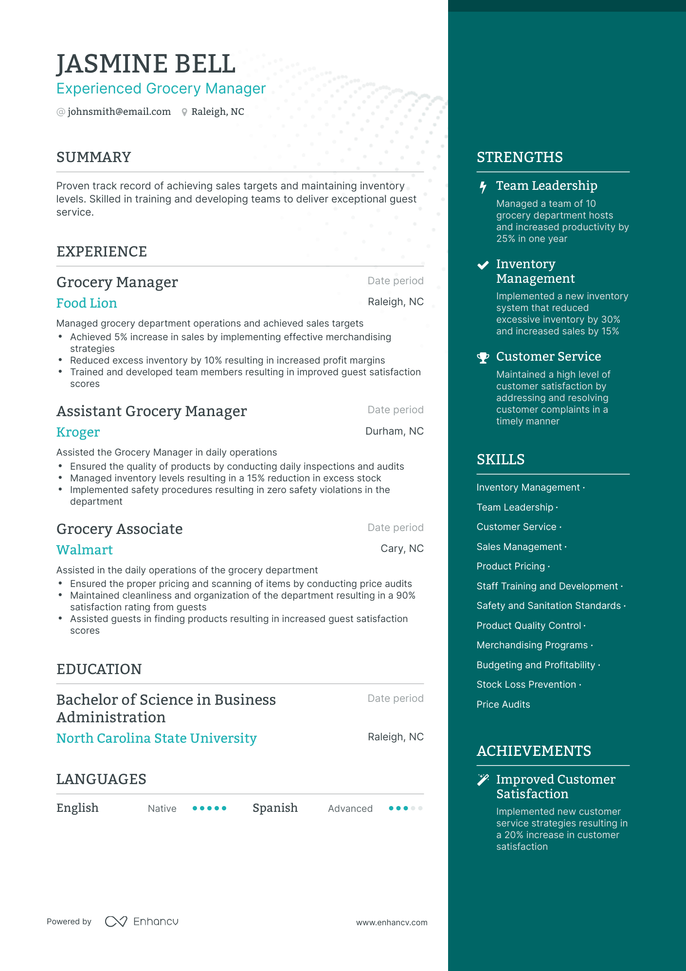One Page Grocery Manager Resume Template