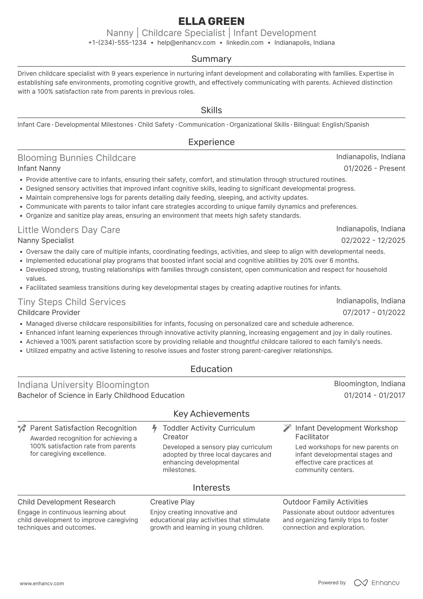 A resume example of a Infant Nanny