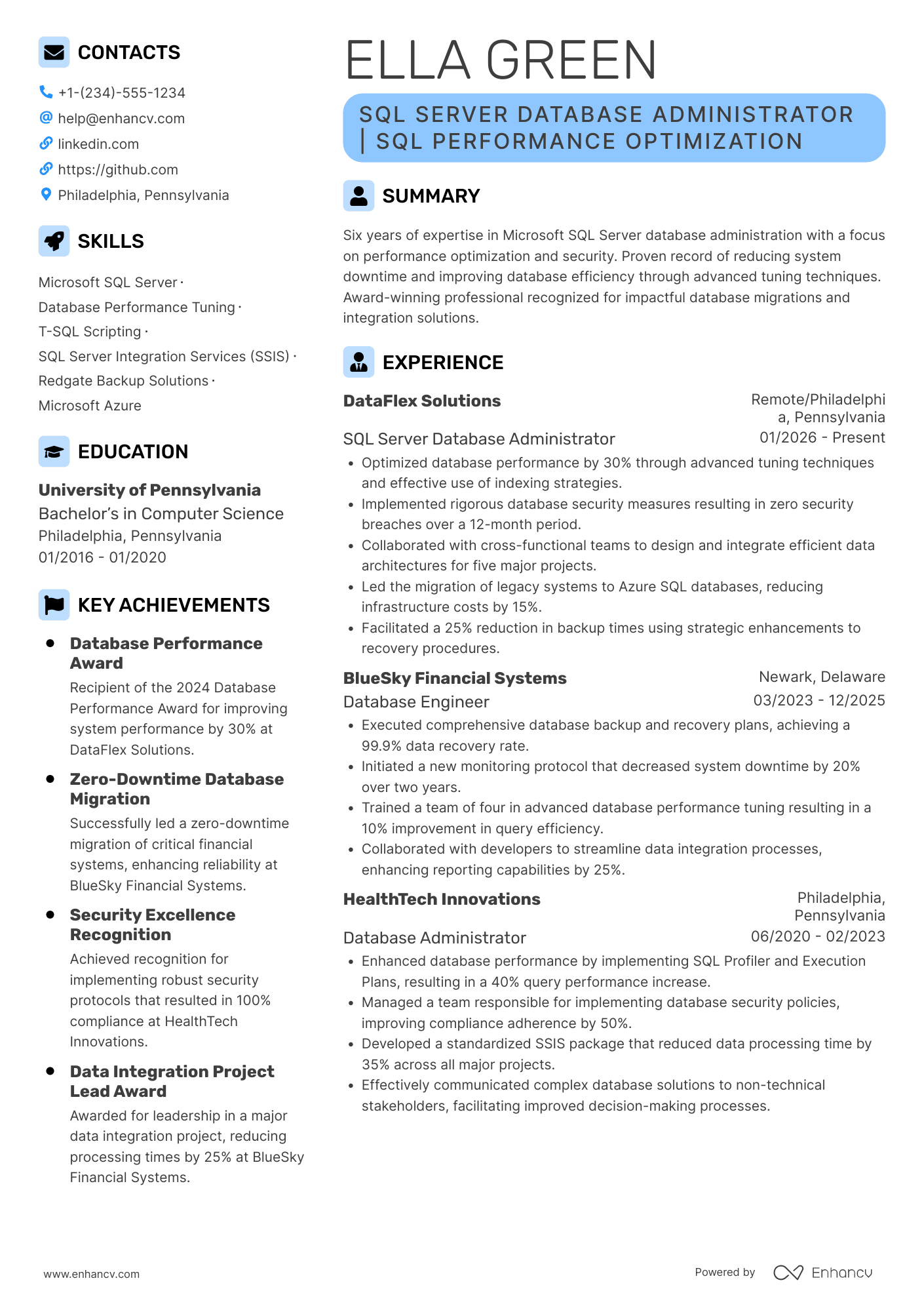 A resume example of a Microsoft SQL Server Database Administrator