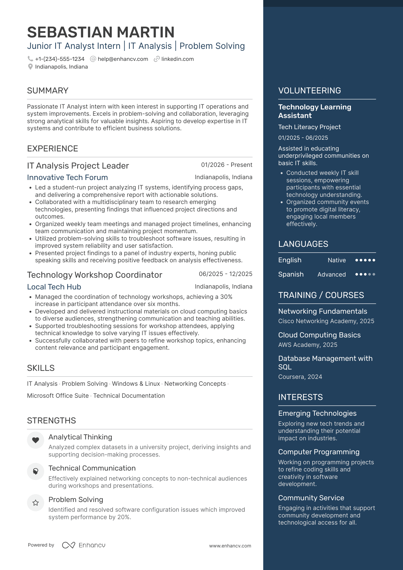 A resume example of a Junior IT Analyst Intern