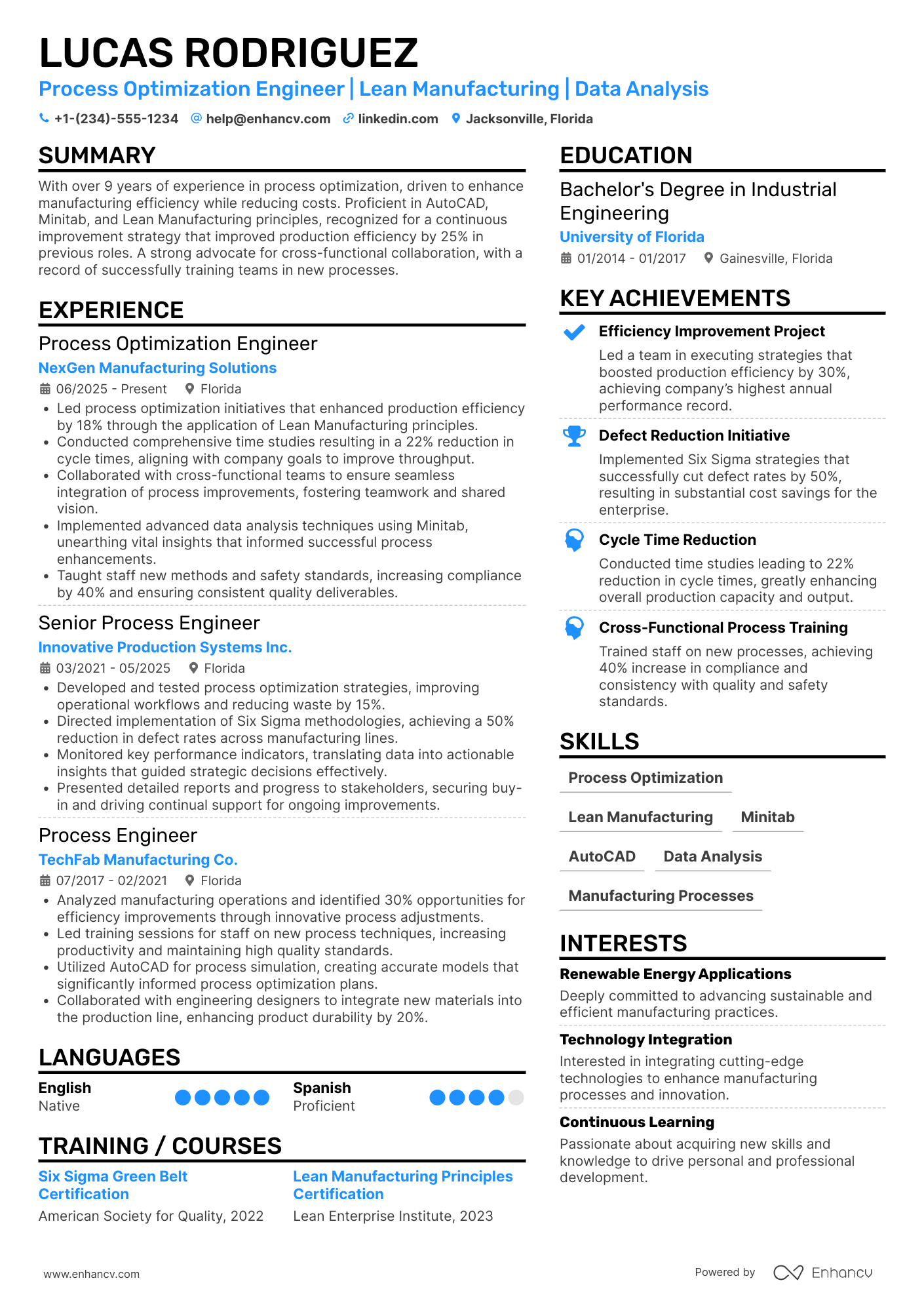 A resume example of a Process Optimization Engineer