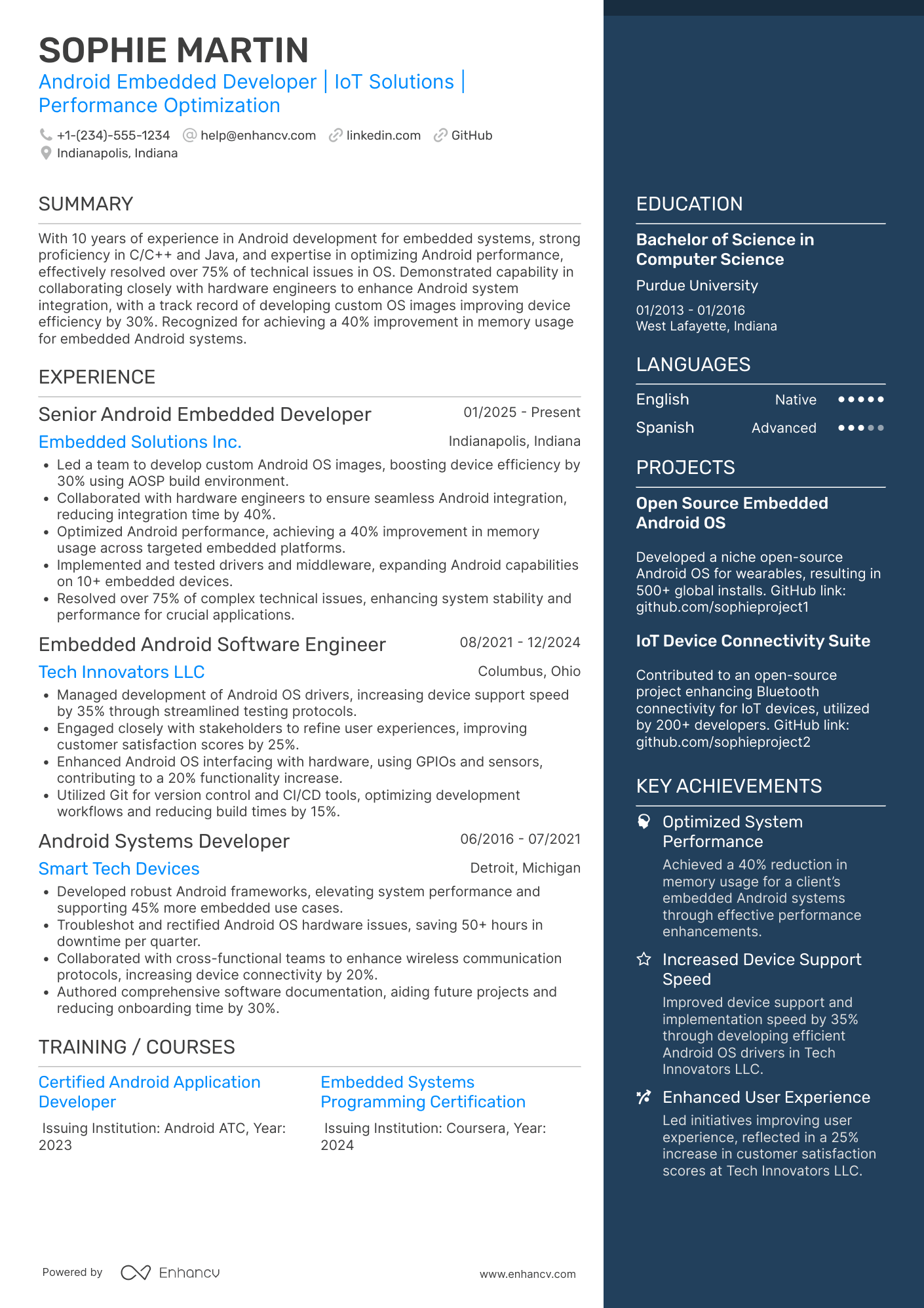 A resume example of a Android Embedded Developer