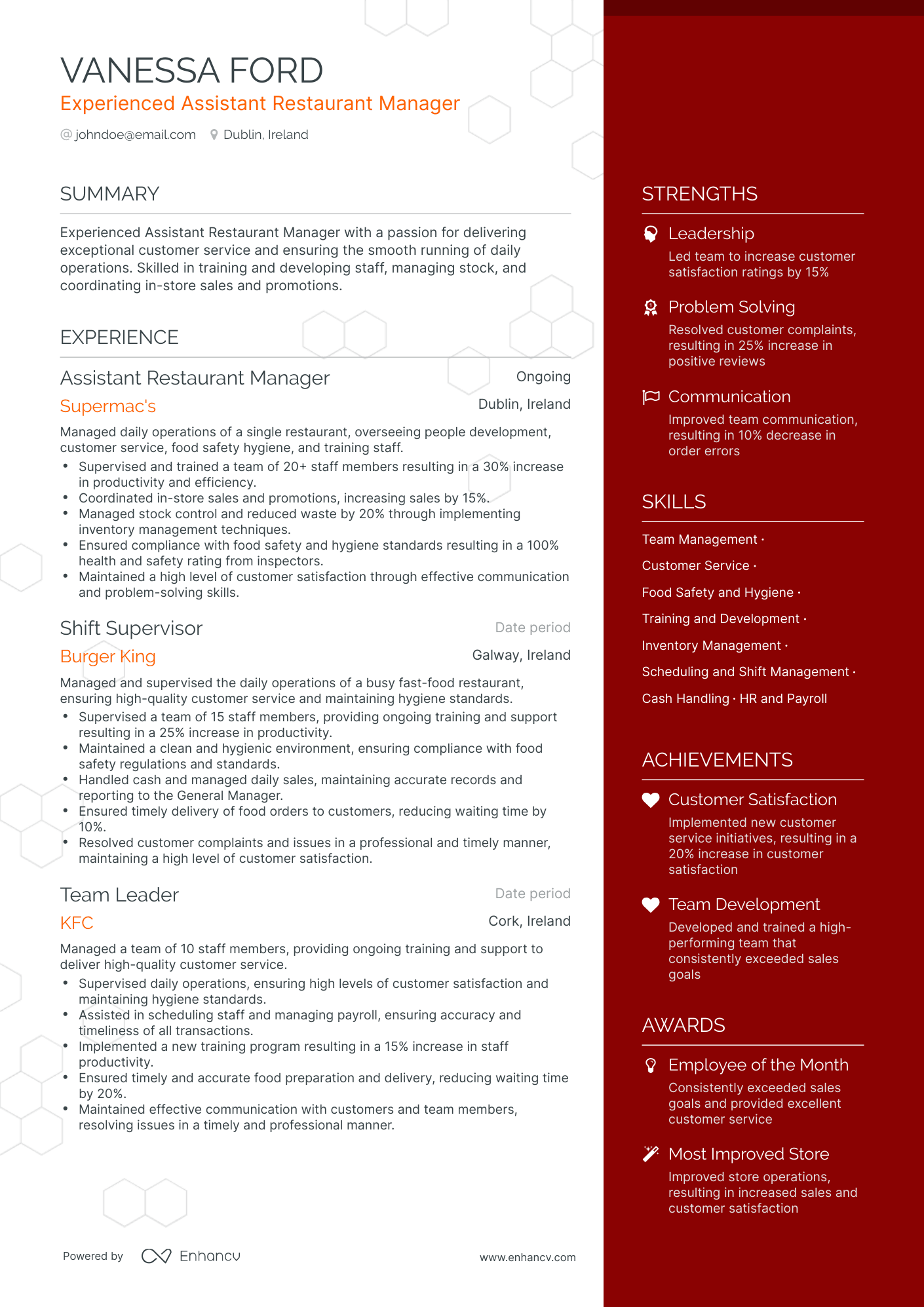 One Page Assistant Restaurant Manager Resume Template