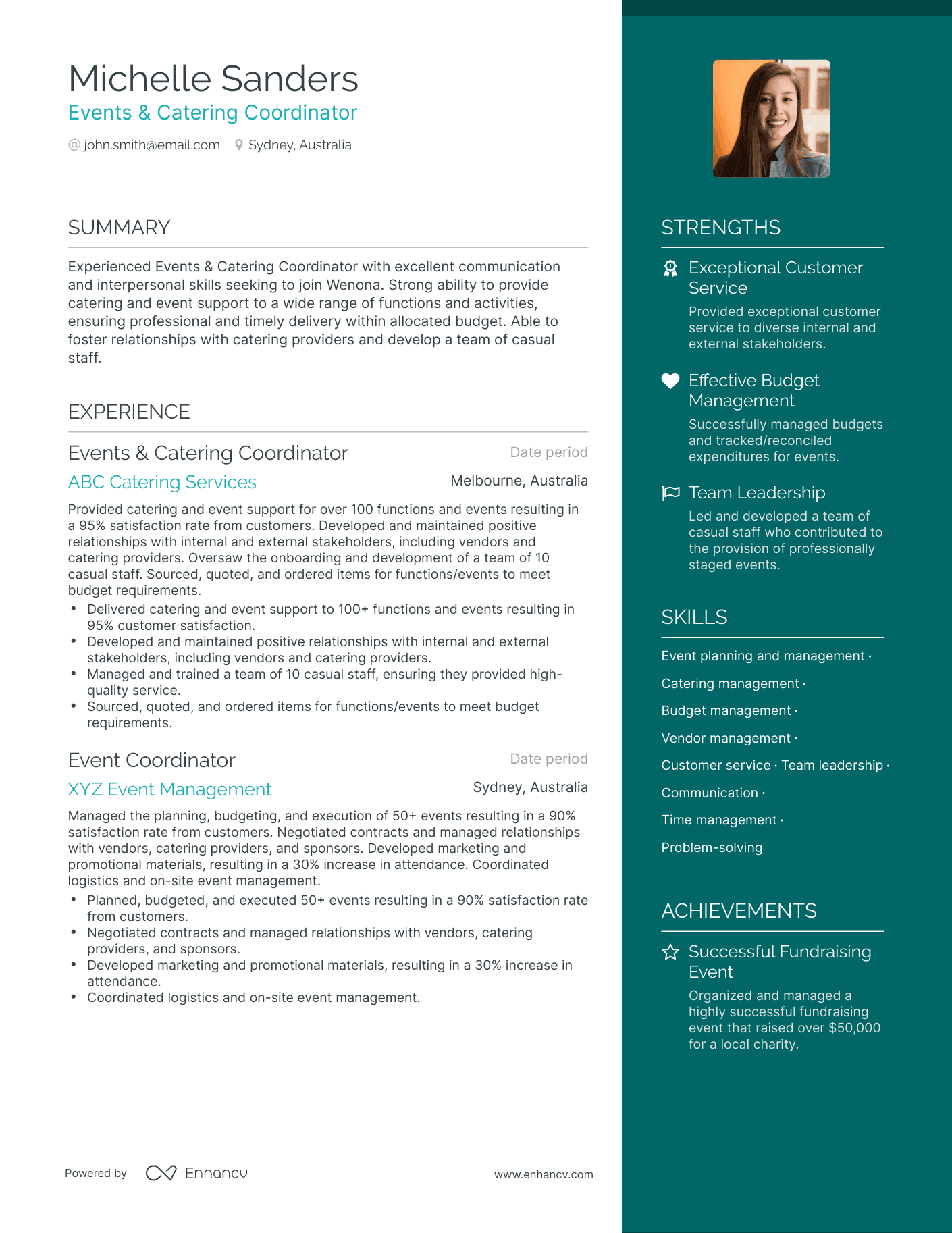 One Page Catering Resume Template