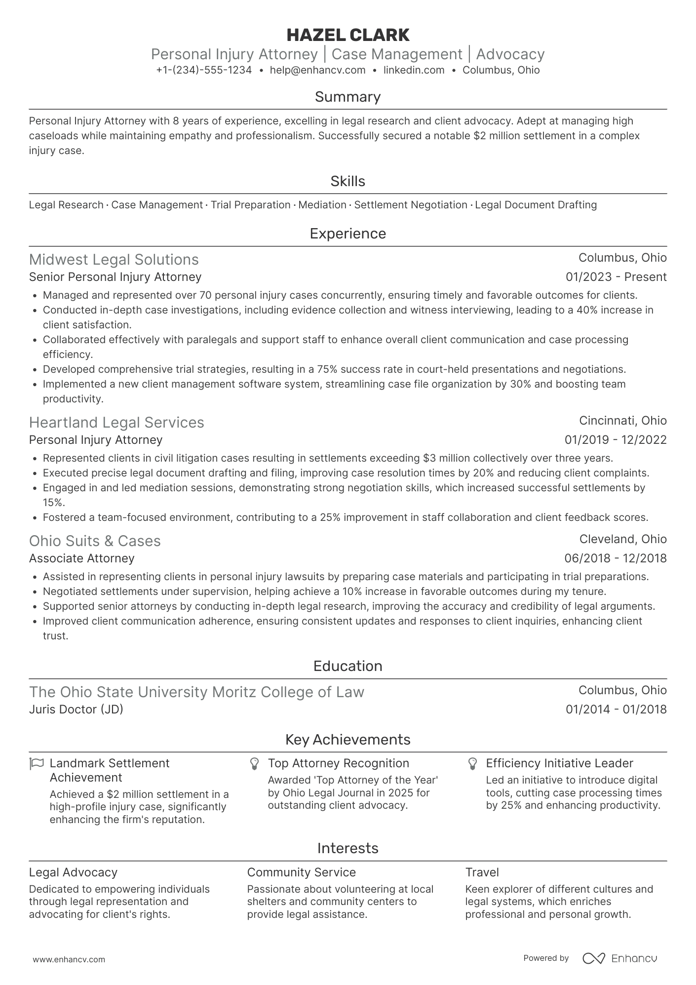 A resume example of a Personal Injury Attorney