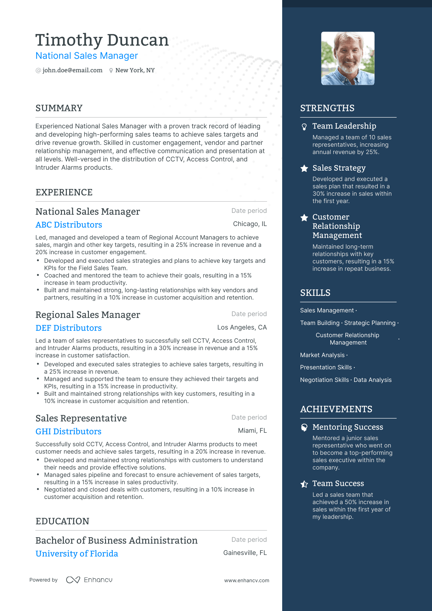 One Page National Sales Manager Resume Template