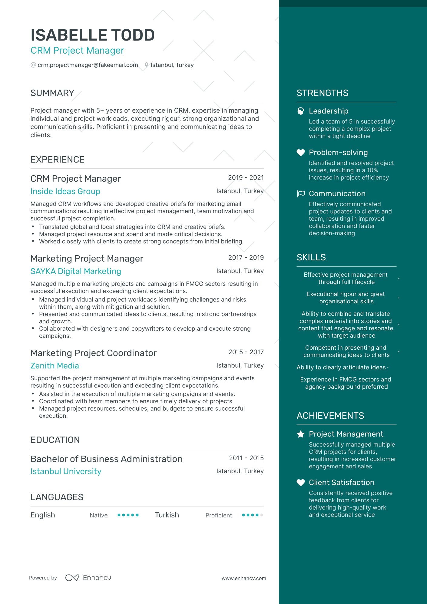 One Page CRM Project Manager Resume Template