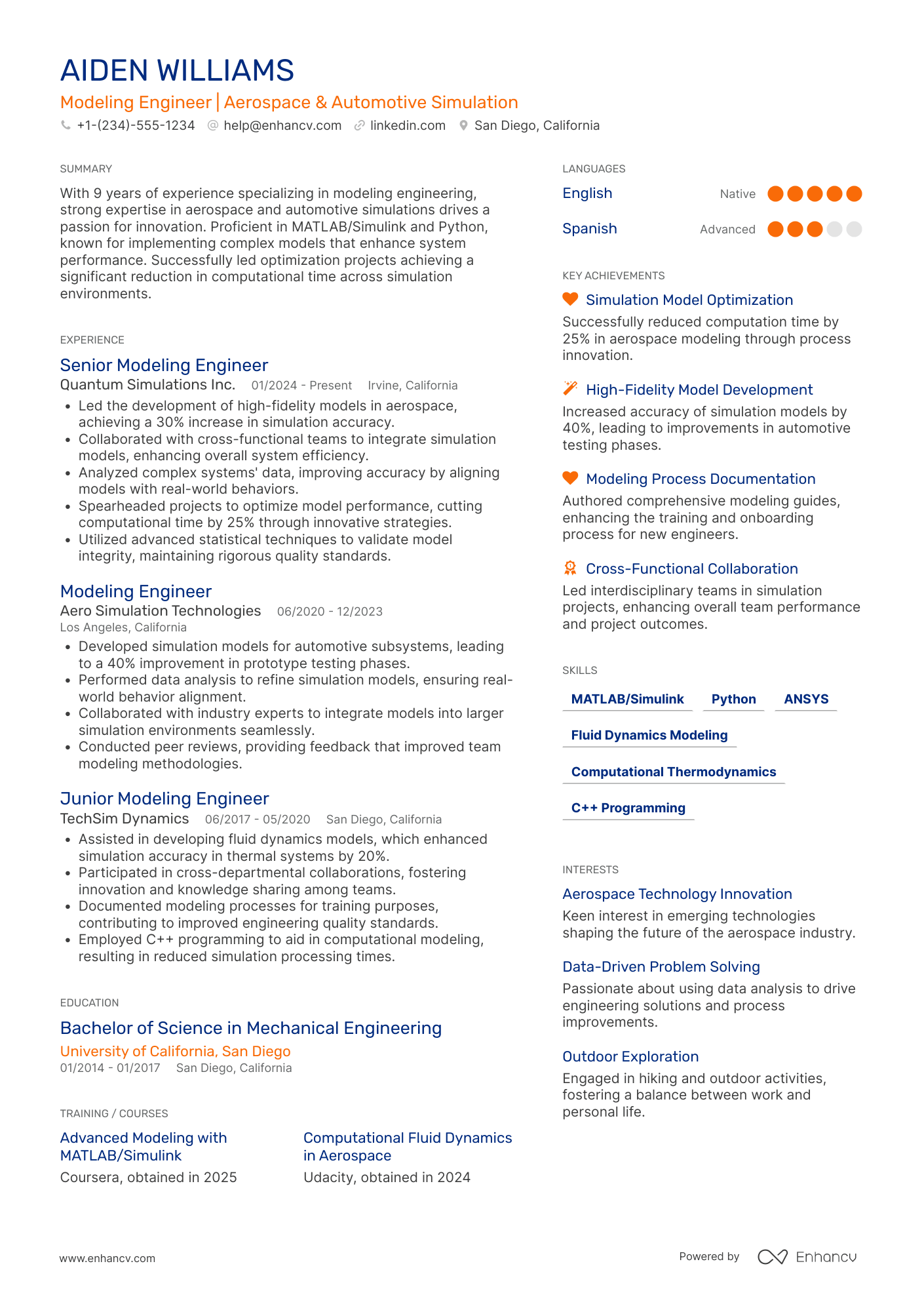 A resume example of a Modeling Engineer