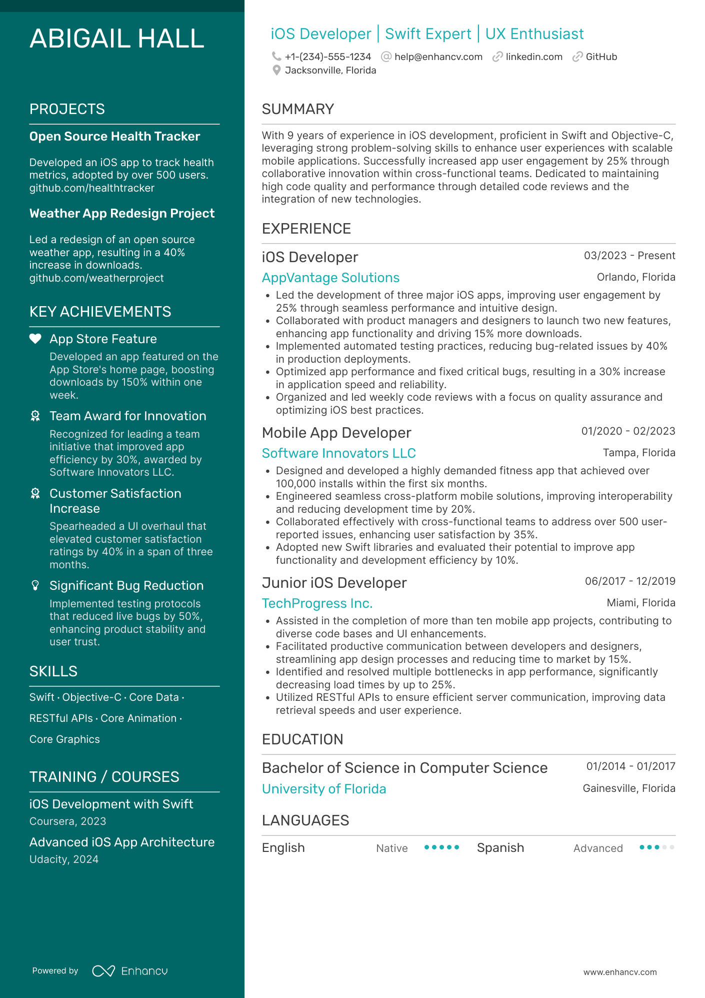 A resume example of a iOS Application Developer