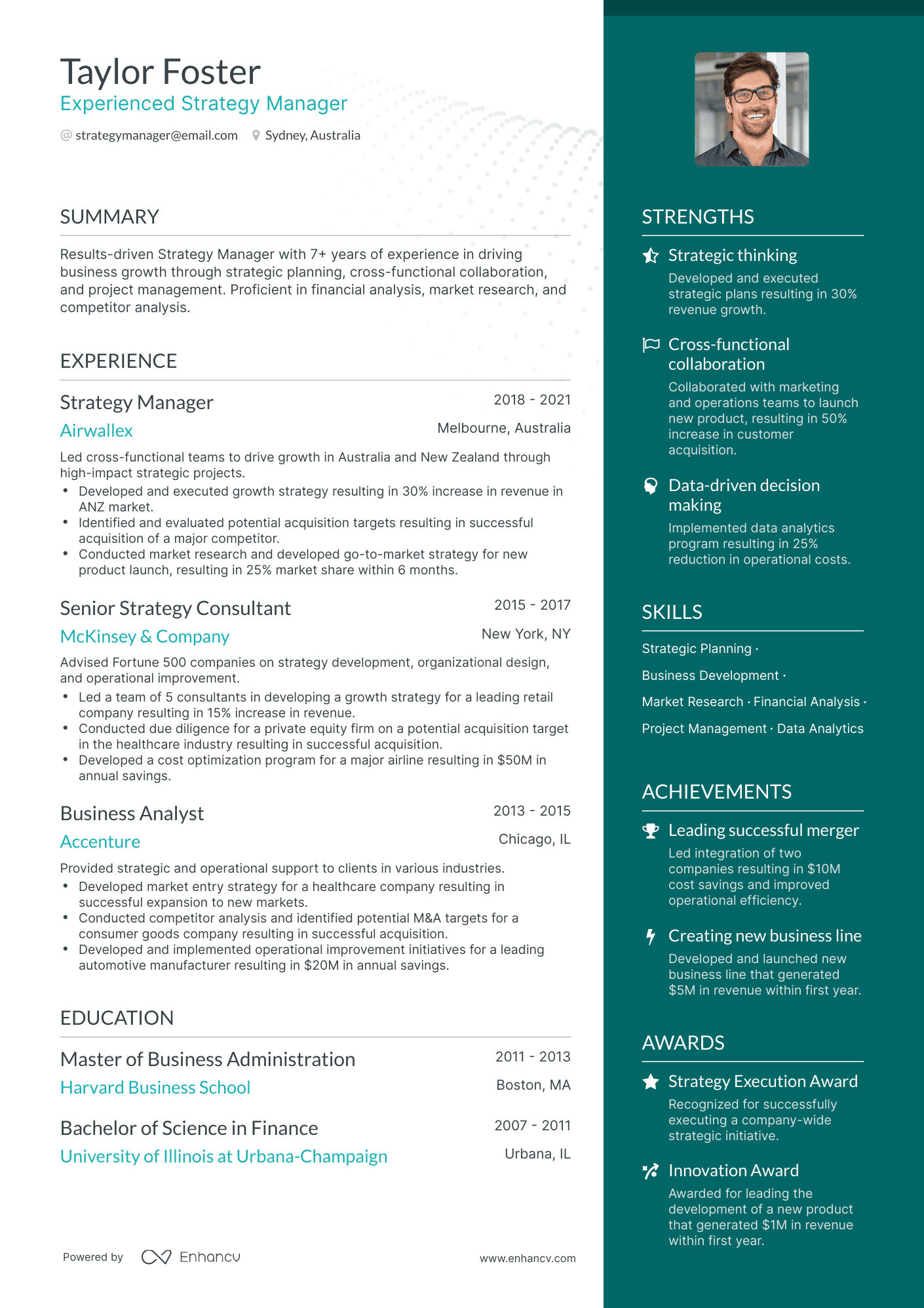 One Page Strategy Manager Resume Template
